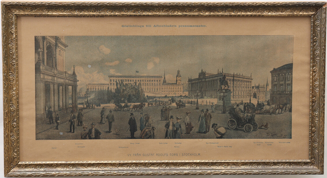 OKÄND KONSTNÄR. Vy från gustav adolfs torg, Stockholm, Grafiskt blad daterat 1902.