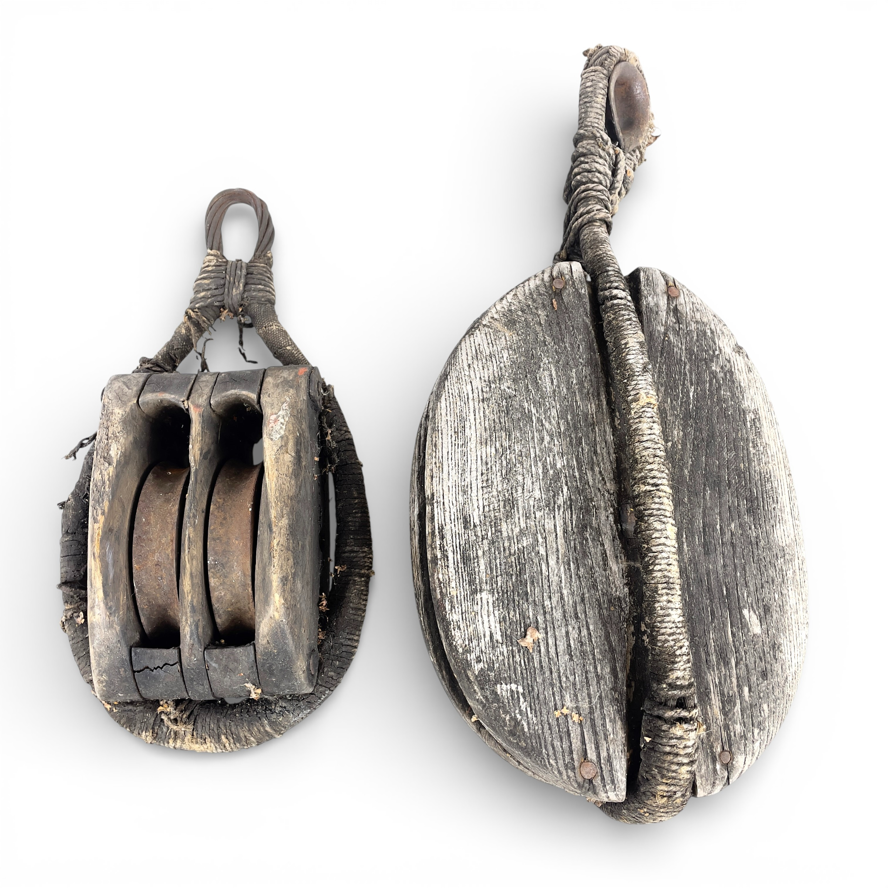 BLOCK/TALJOR, 2 st. Trä, metall & rep, 1900-tal.