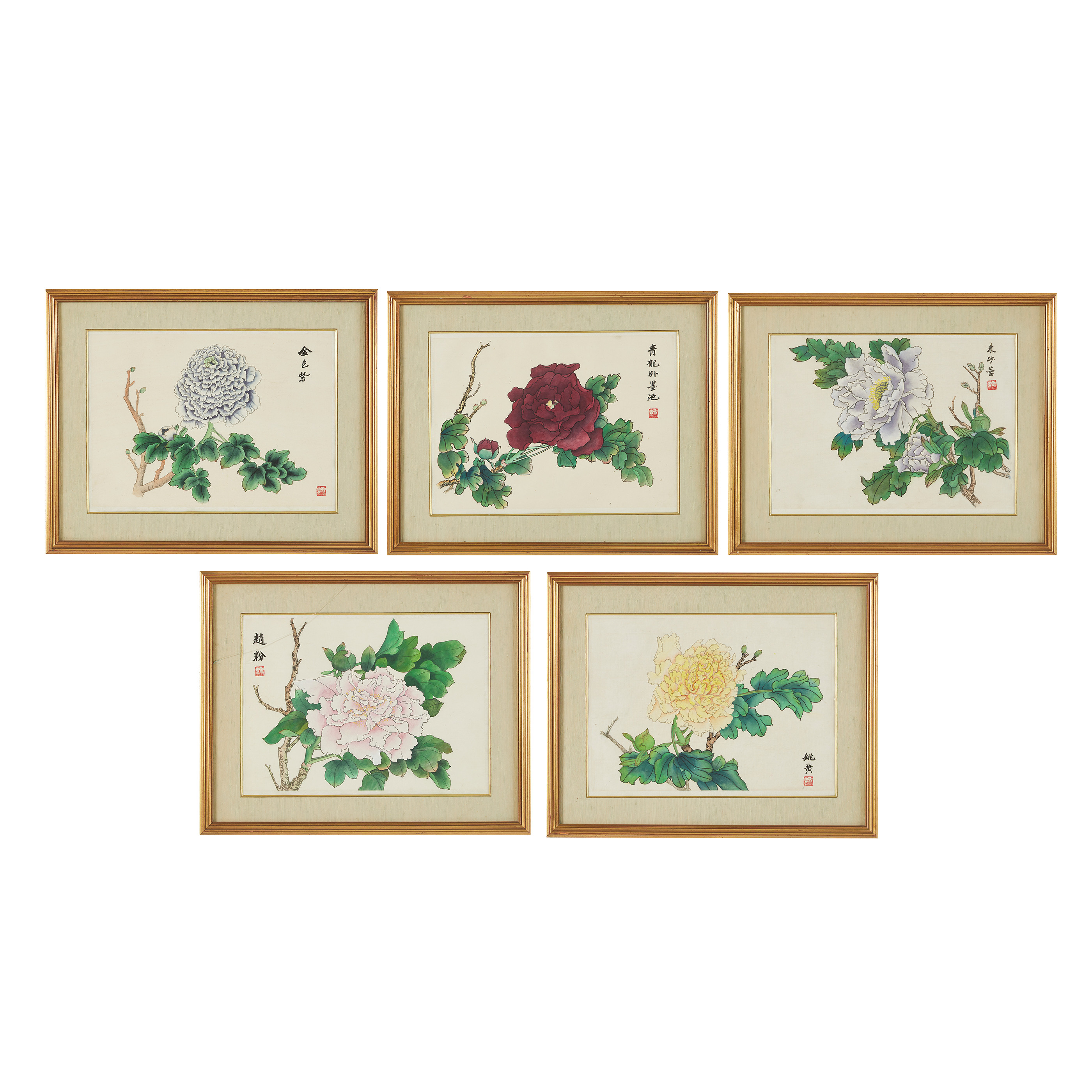 SIDENMÅLNINGAR, 5 st., Kina, 1900-tal, blommor, märkta.