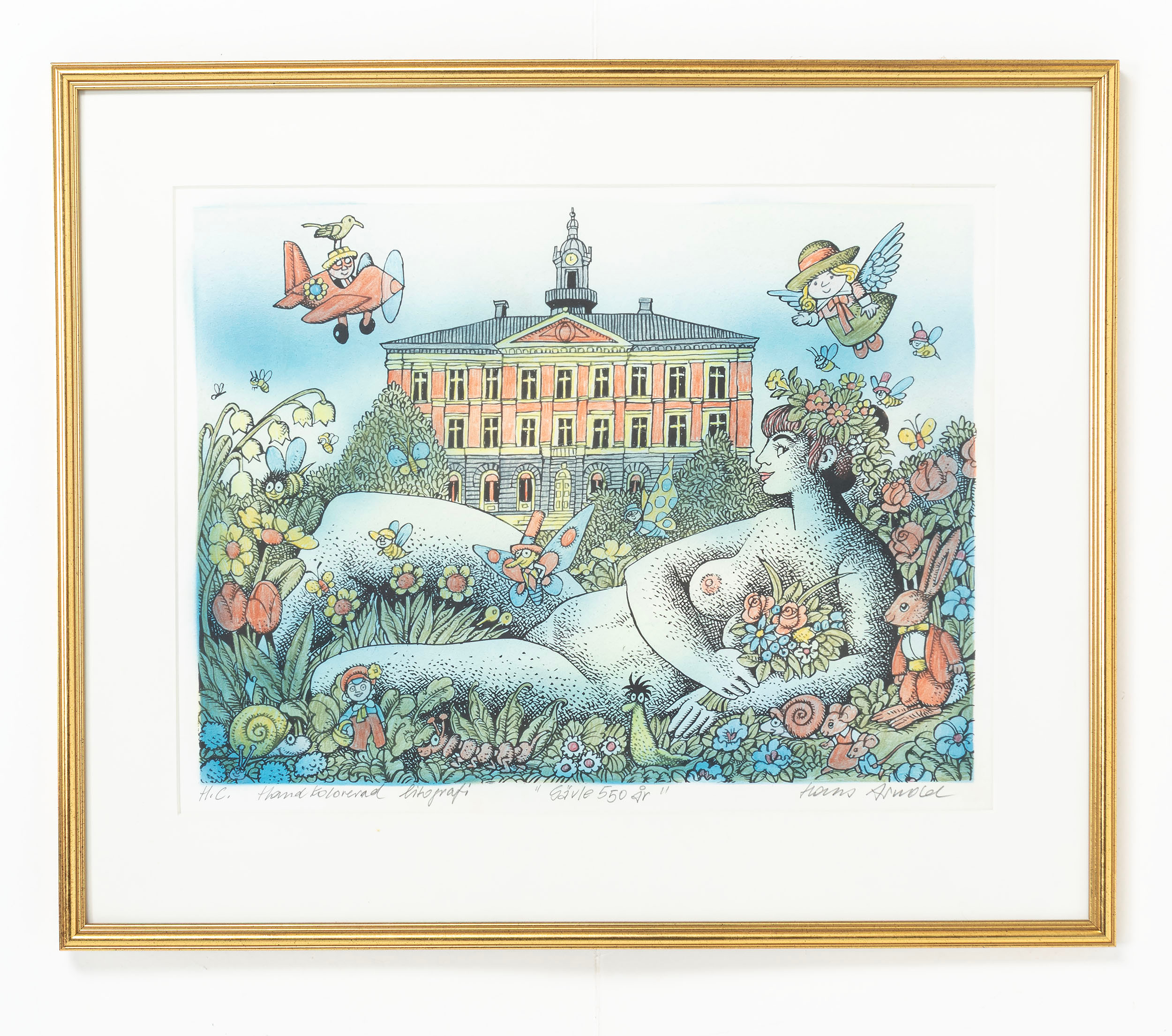HANS ARNOLD. "Gävle 550 år", handkolorerad litografi, signerad HC.