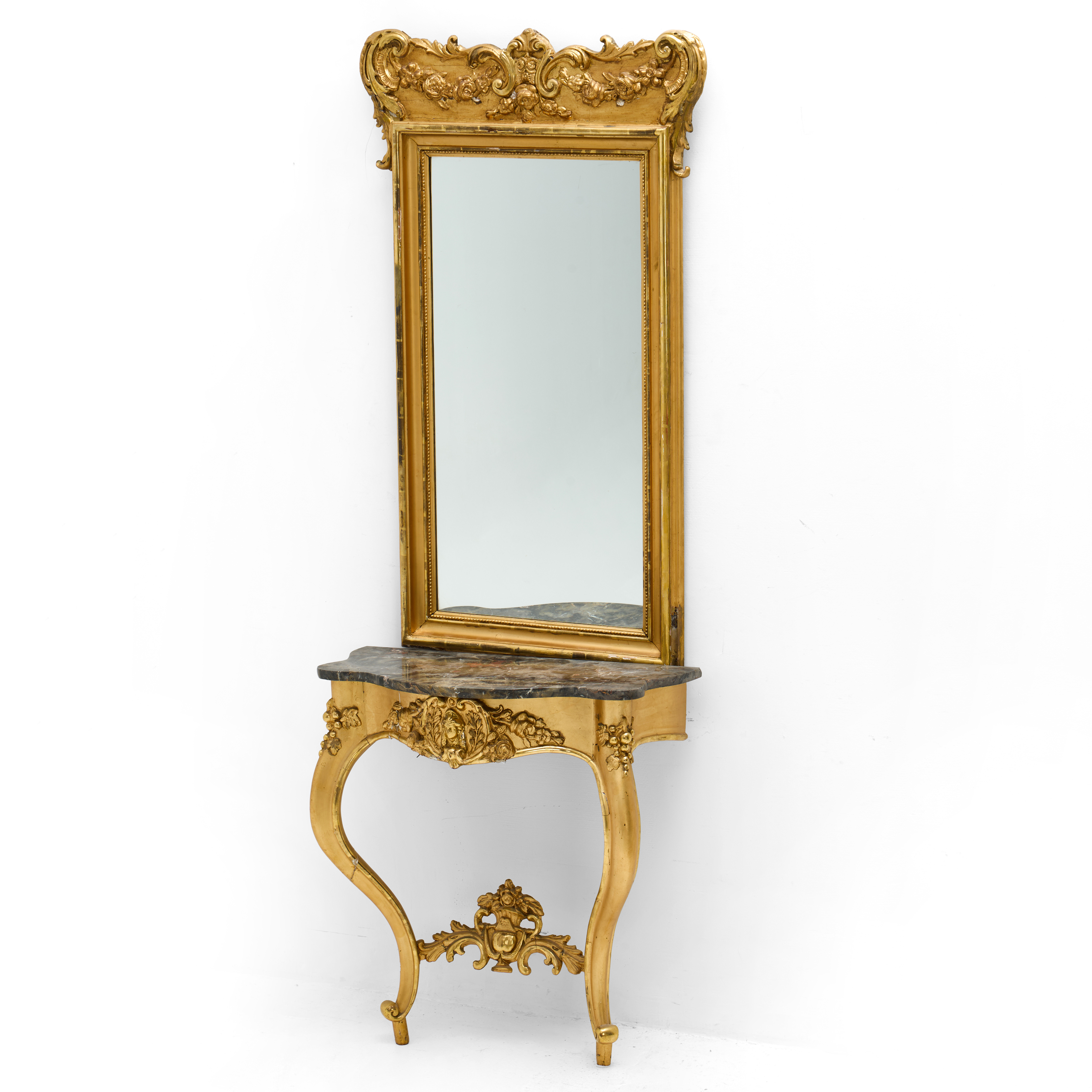 SPEGEL & KONSOLBORD, 1800-talets andra hälft, nyrokoko, förgylld ram, bord med stenskiva.