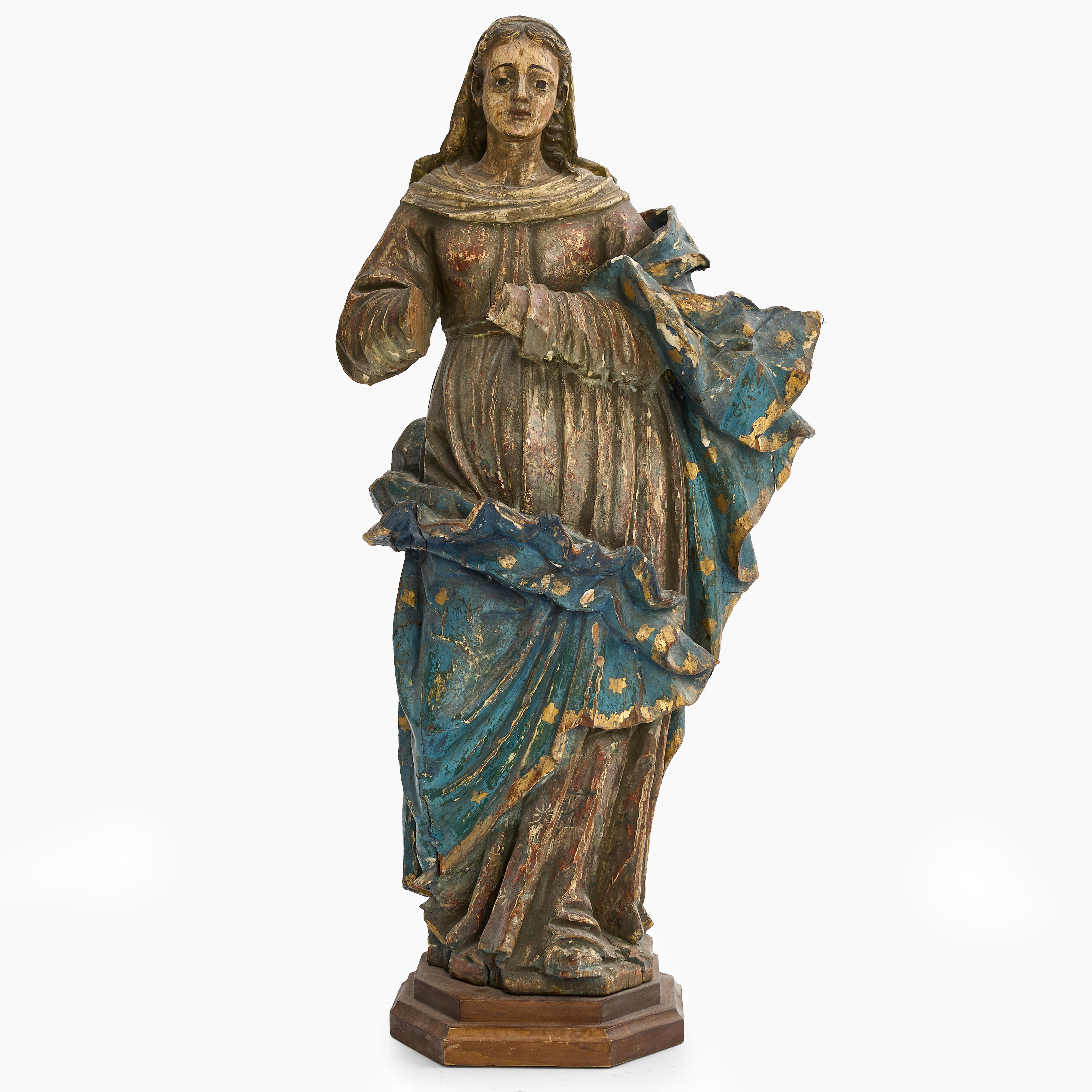 JUNGFRU MARIA, skulptur, 17/1800-tal, skuret och bemålat trä.