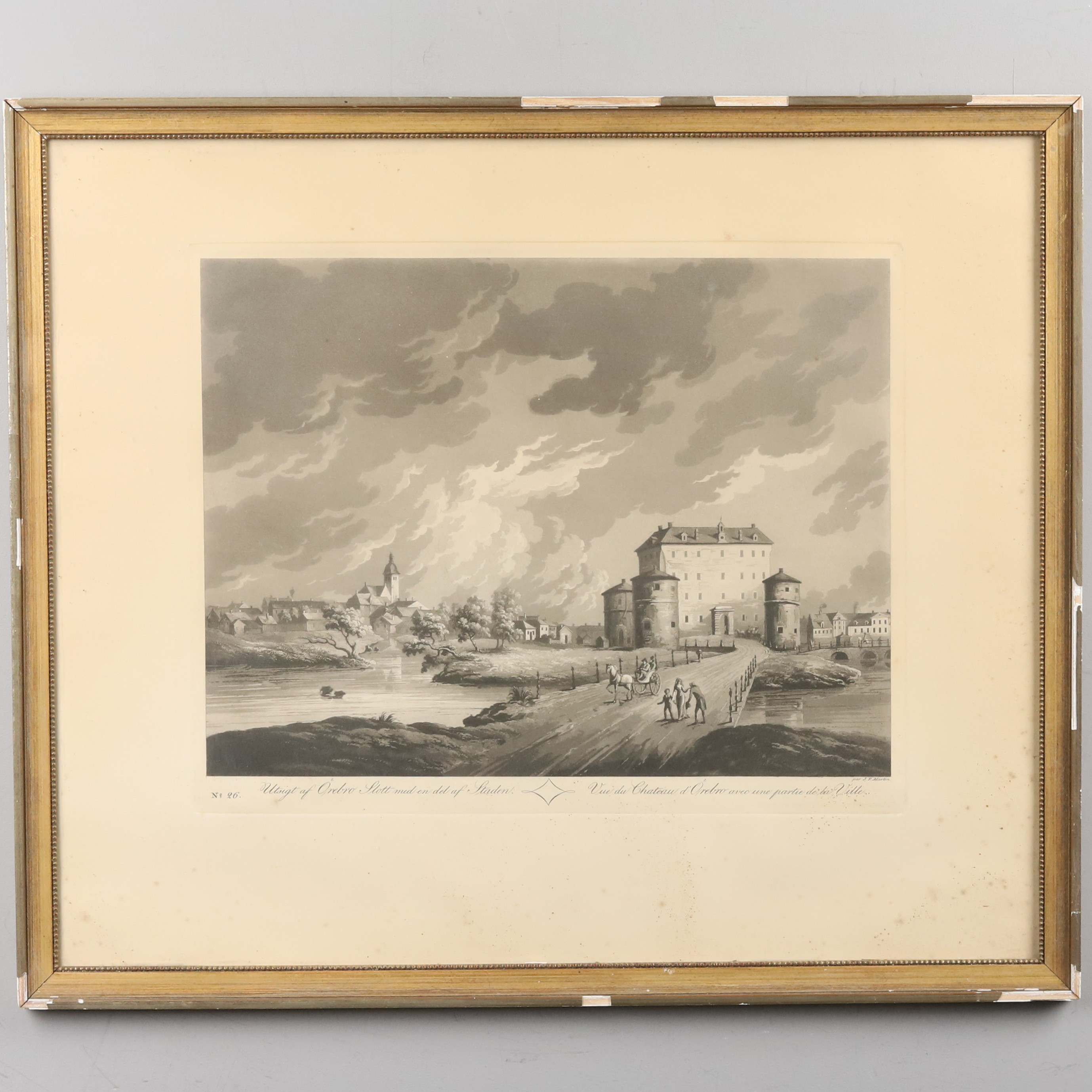 JOHAN FREDRIK MARTIN. Akvatintetsning, "No 26 - Utsigt af Örebro Slott med en del af Staden", signerad par JF Martin i plåten, 1800-tal.