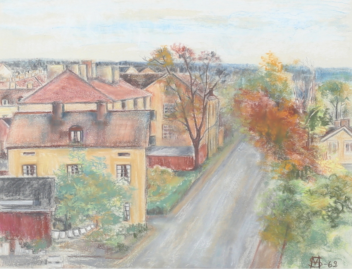 MARGARETA SWÄRDENHEIM. Utsikt över Tiundagatan Uppsala, blandteknik på papper, signerad MS, daterad -62.