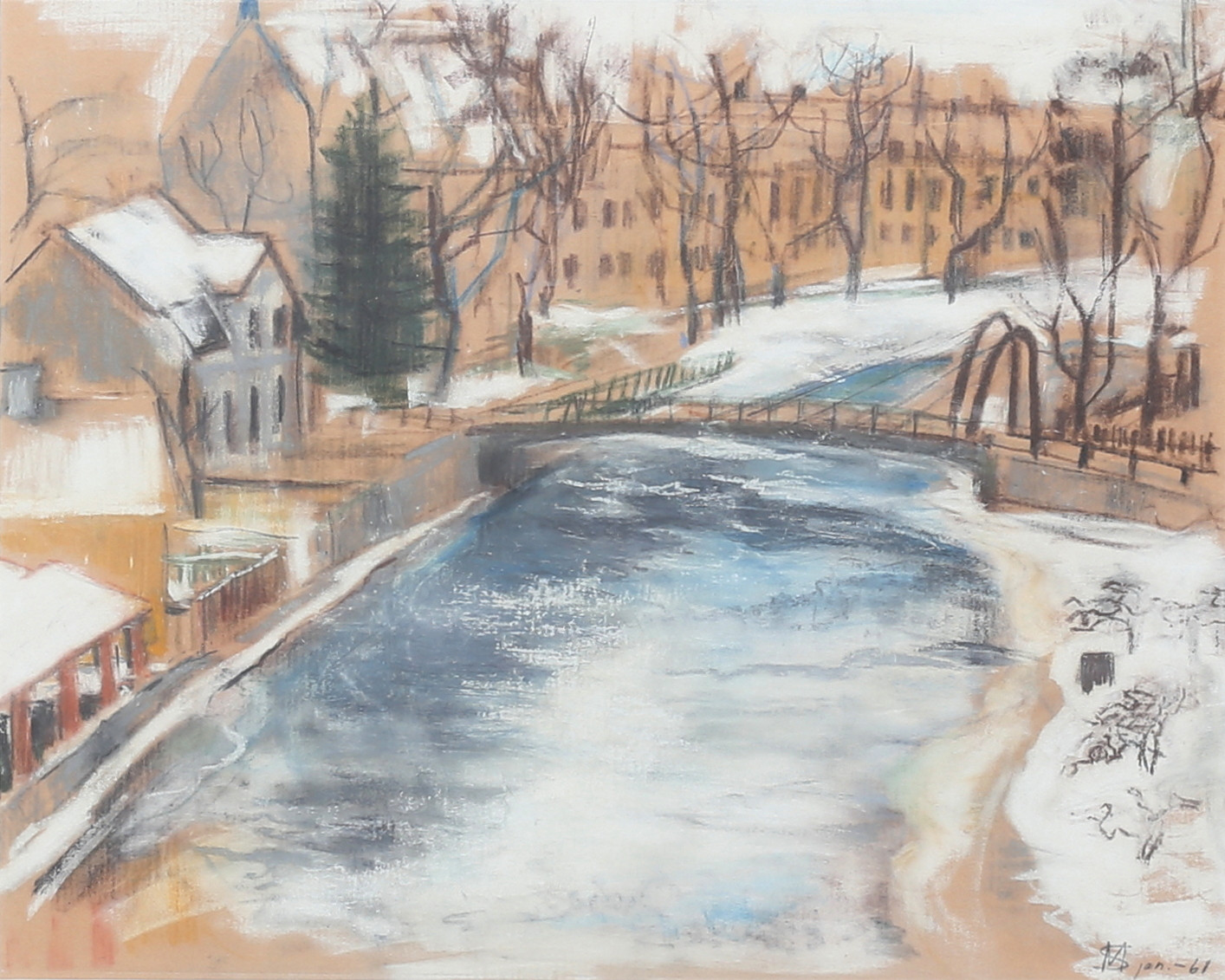 MARGARETA SWÄRDENHEIM. Uppsala vintermotiv, blandteknik på papper, signerad MS, daterad -61.