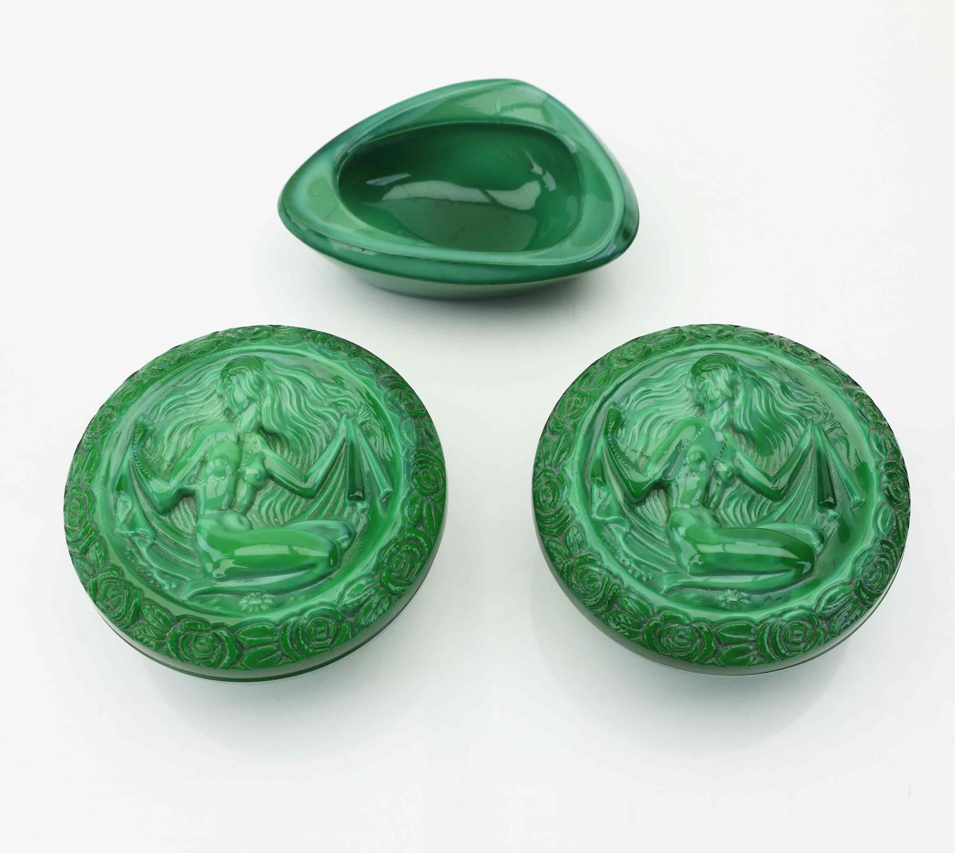 LOCKASKAR och SKÅL, 3 delar, Art Déco, malakit, 1900-tal.