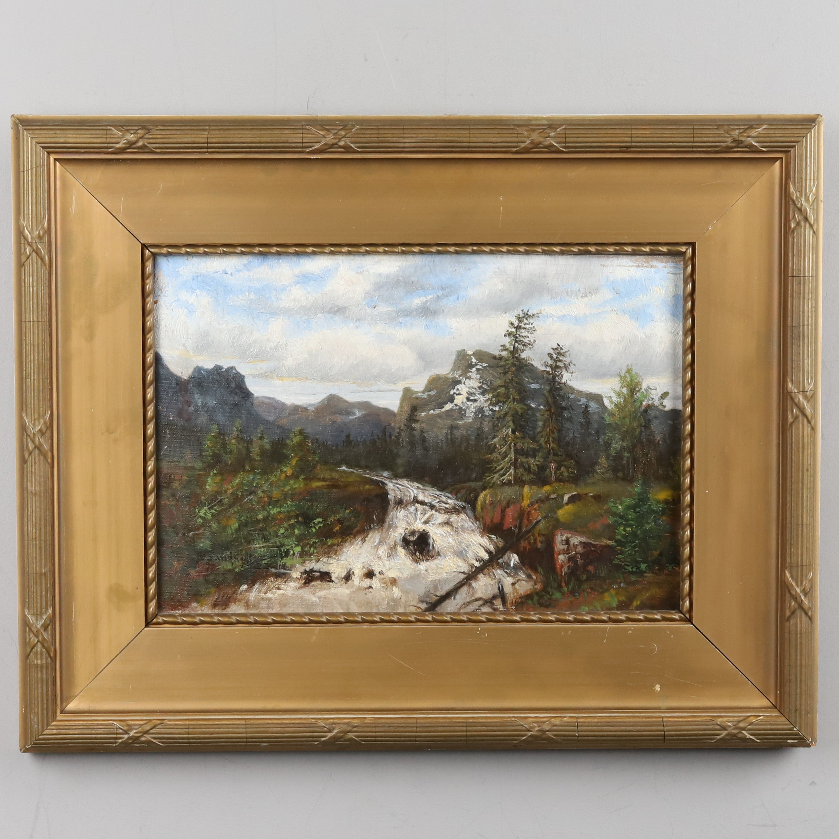 OIDENTIFIERAD KONSTNÄR. OLJA PÅ DUK, landskap med forsande vatten, signerad & daterad.