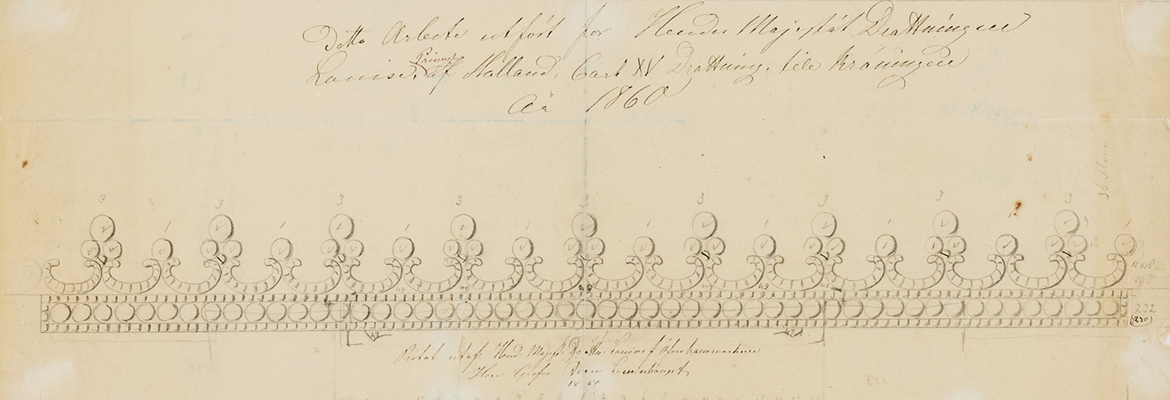 SKISS AV DROTTNING LOVISAS KRÖNINGSTIARA, blyerts och bläck på papper, ritad av överkammarherre Greve Adam Lewenhaupt, daterad 1860.