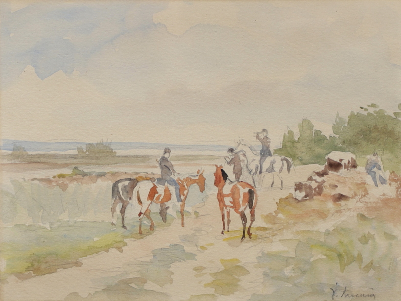 OIDENTIFIERAD KONSTNÄR. Motiv av hästar, akvarell, signerad.