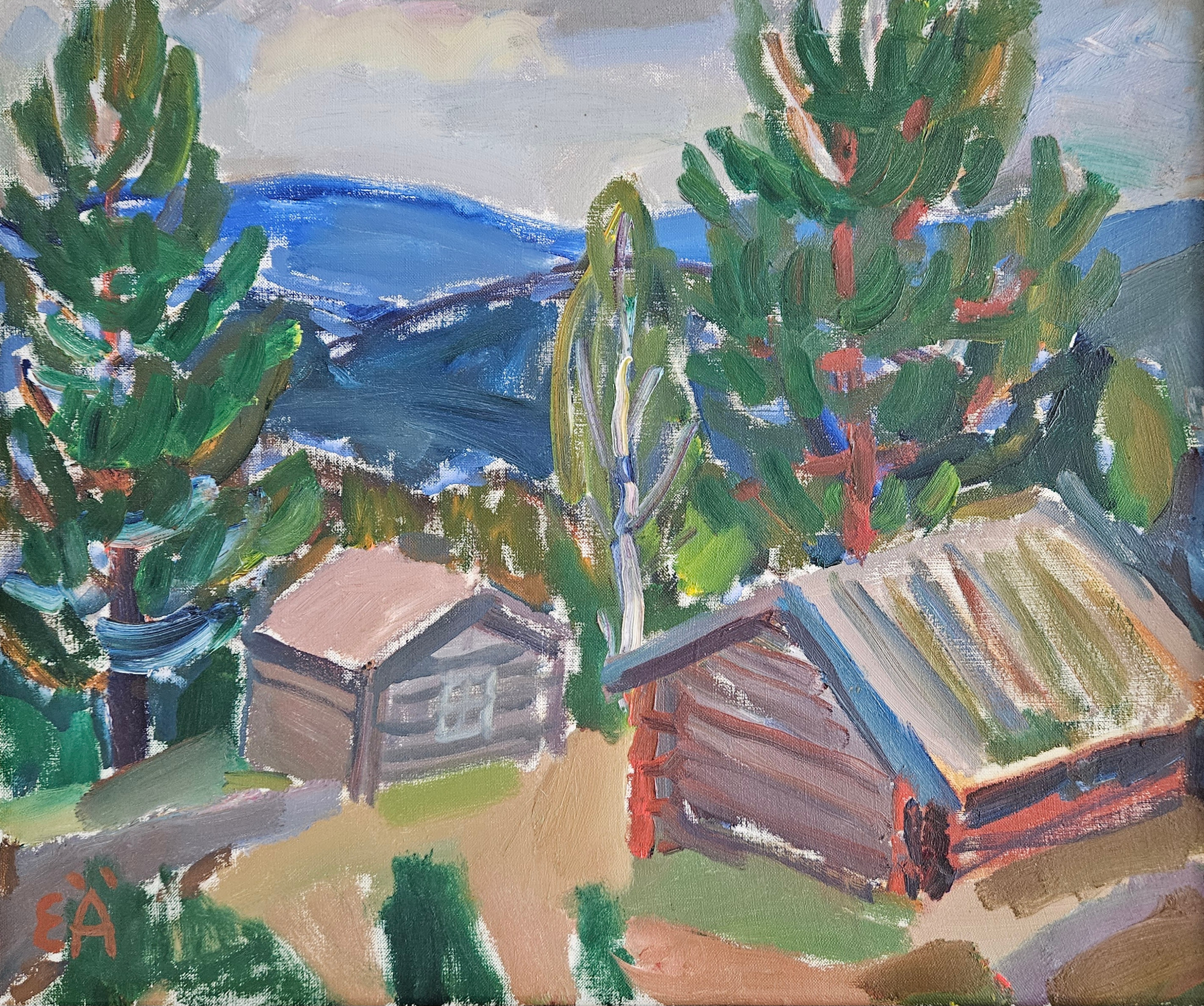ERLING ÄRLINGSSON. Landskap med hus, träd och berg. Olja på duk, signerad EÄ.