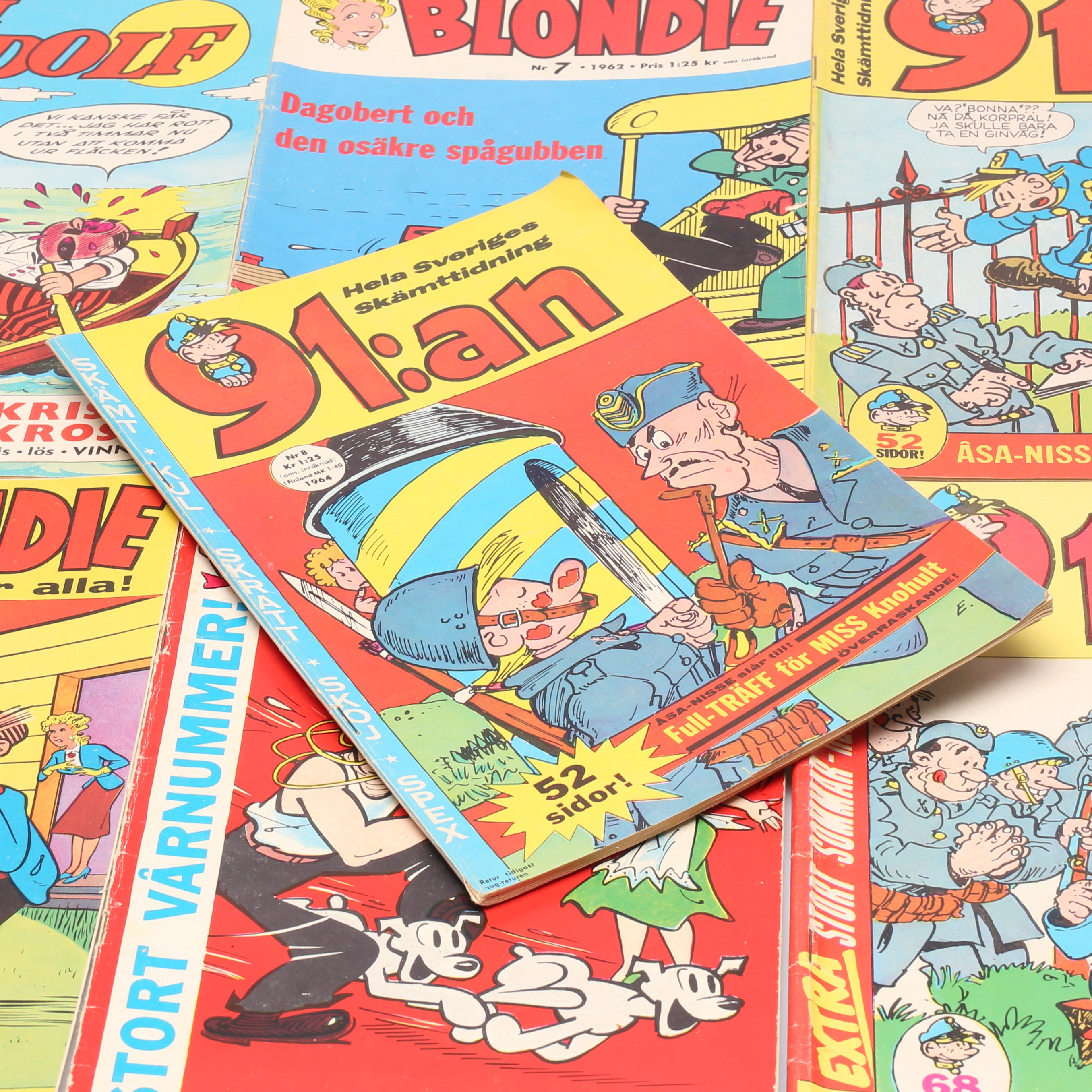 TIDNINGAR, 29 st, 91:an Karlsson, Nya Blondie, Dagobert m.m. 1960-tal.