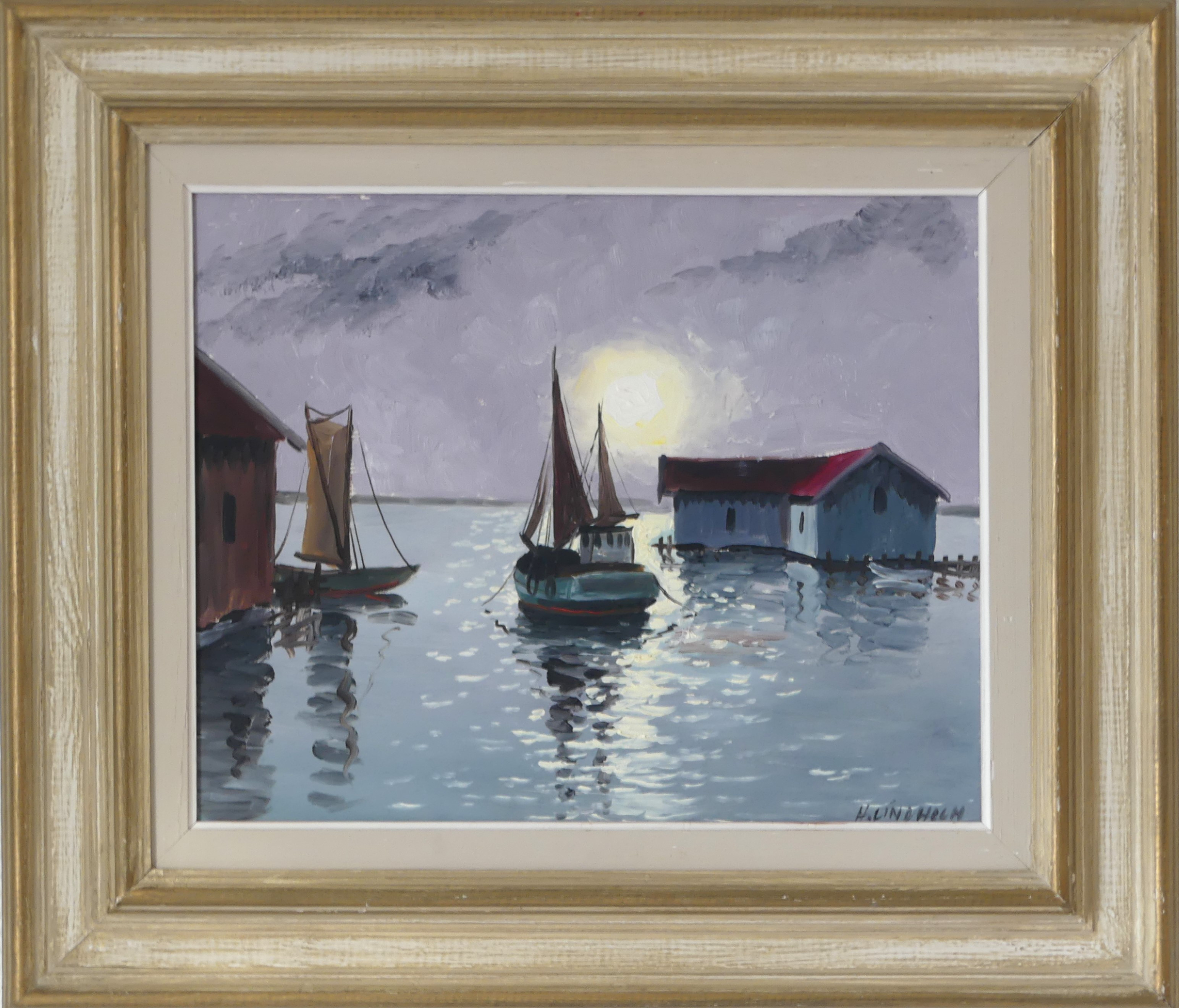 HELGE LINDHOLM. olja på pannå, kusthamn, signerad.