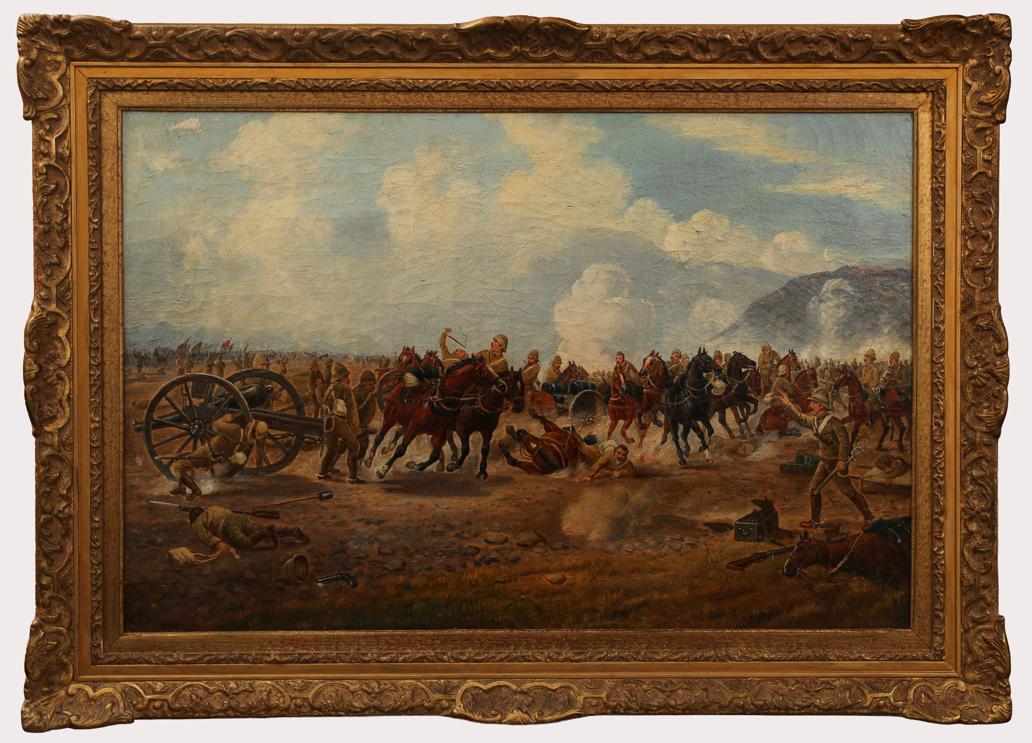 GODFREY DOUGLAS GILES. EFTER. Olja på duk, "Saiving the guns at Maiwand 1893", signerad atergo R.C. Woodville.