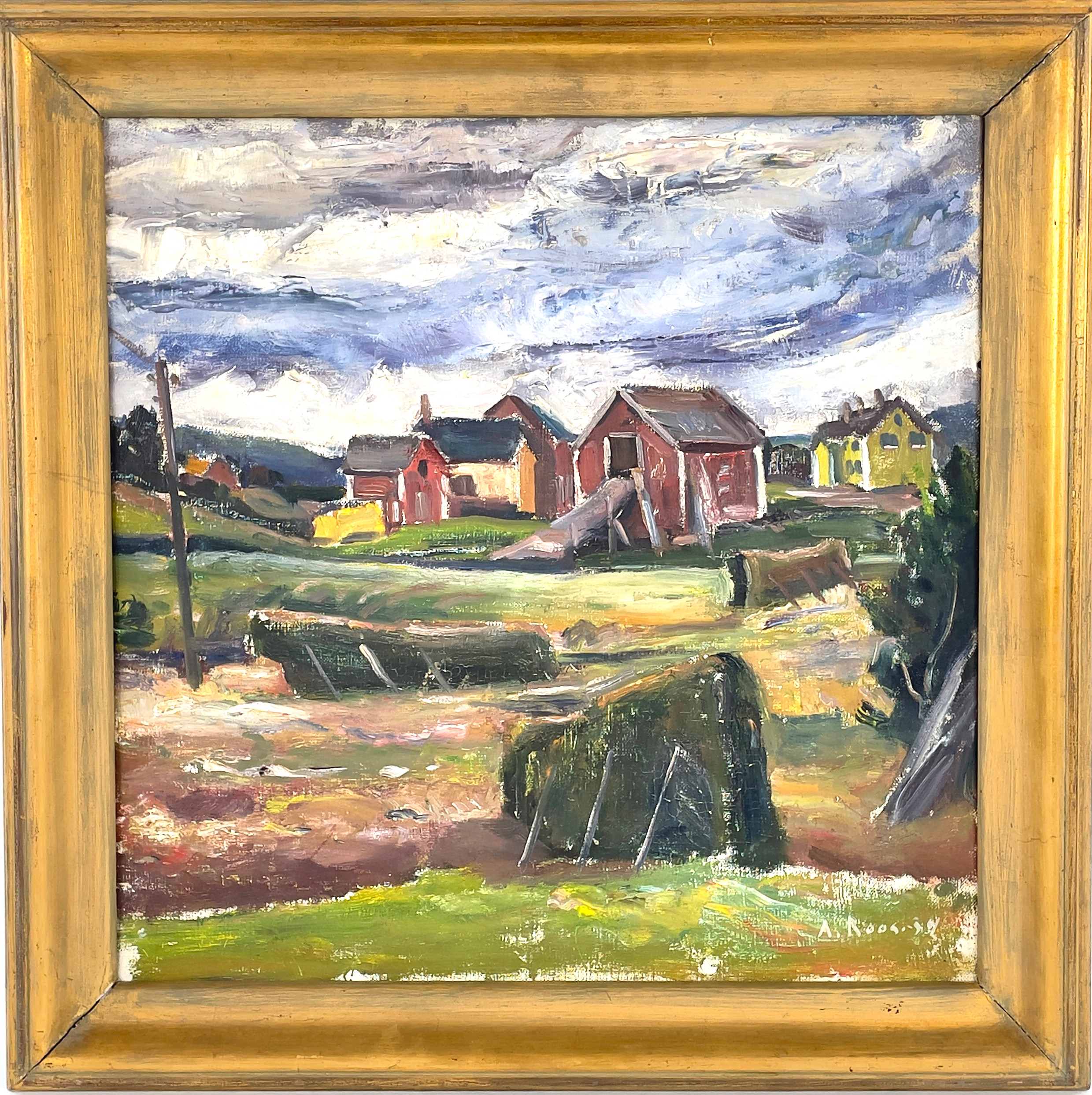 ALEXANDER  ROOS. Olja på duk, landskapsmotiv med hö på tork, signerad A. Roos, otydlig datering.