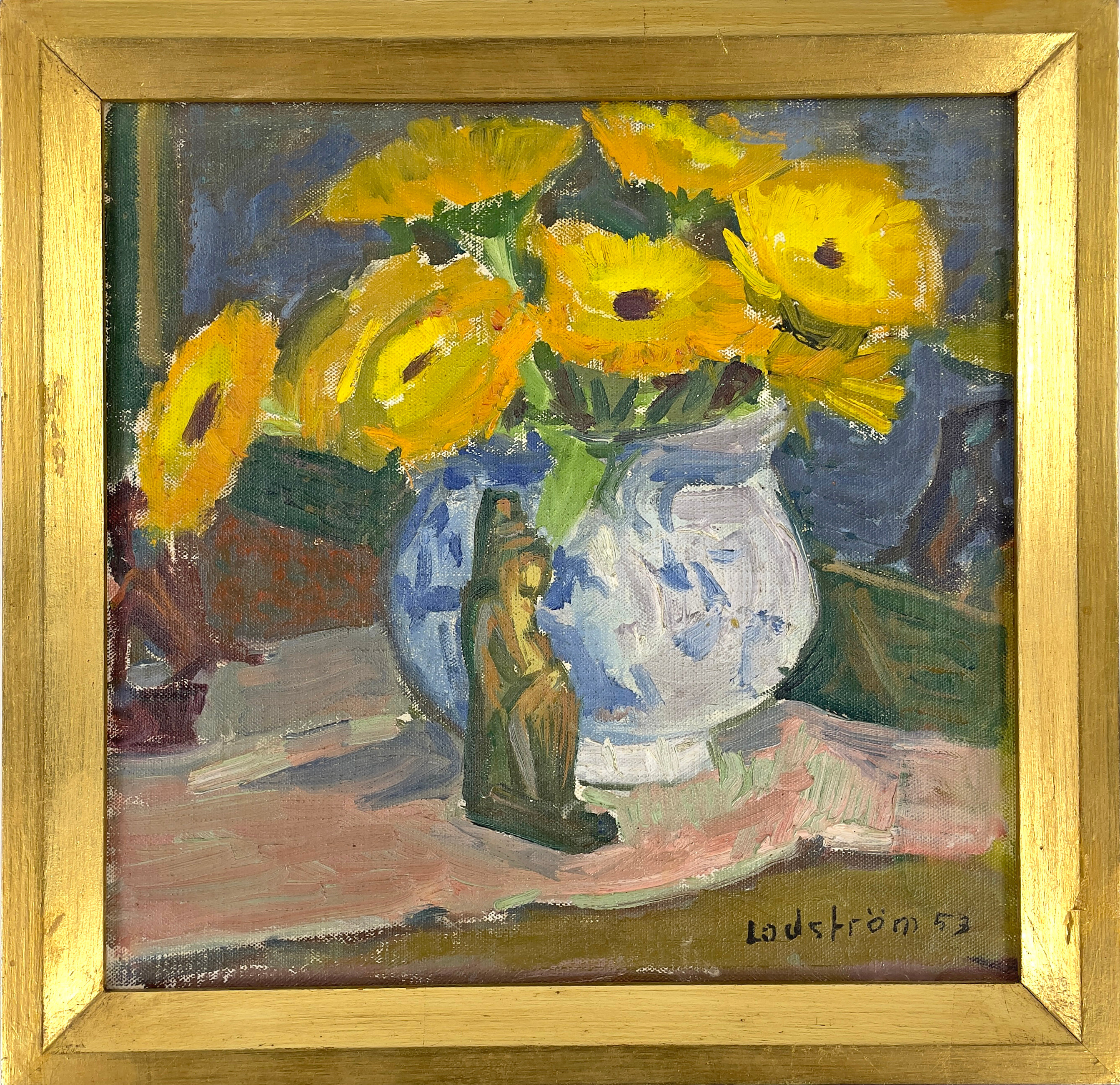 GEORG LODSTRÖM (1915 - 1972), olja på pannå, blomsterstilleben med figurin, signerad Lodström samt daterad 53.