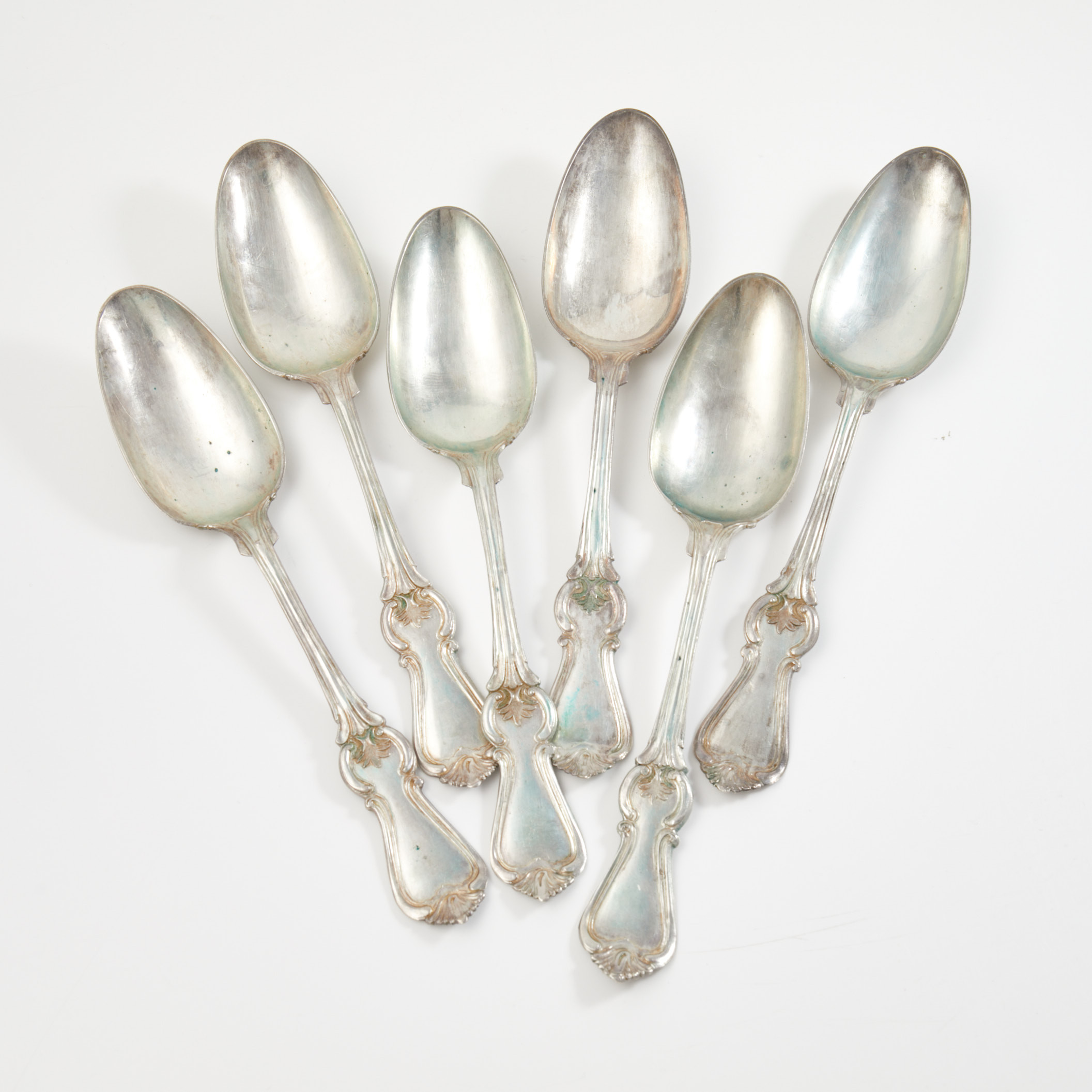 JOHAN FREDRIK TYNELIUS. (1870-1880), bordsskedar, 6 st., silver, otydliga årsstämplar.