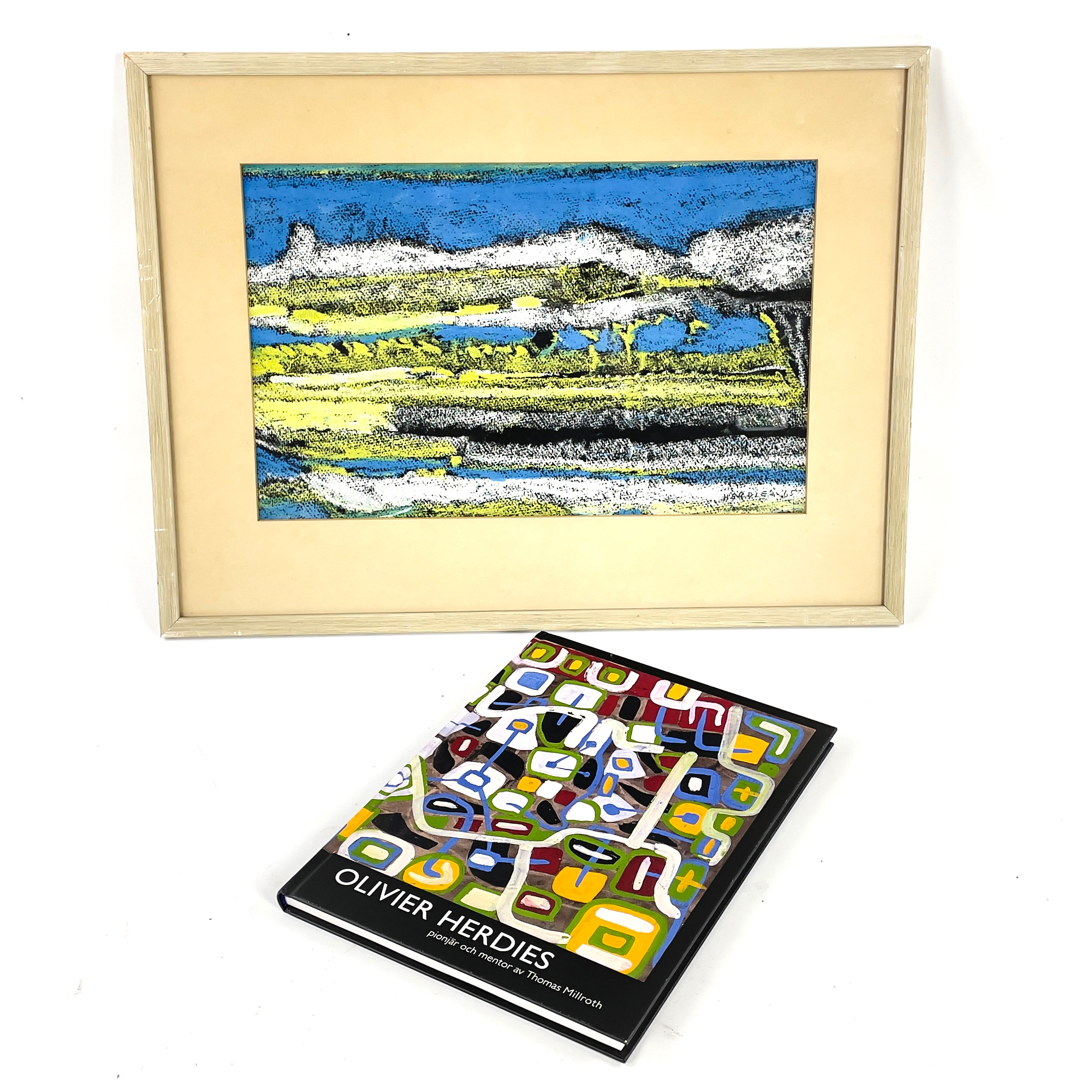 OLIVIER HERDIES (1906 - 1993), 2 delar, abstrakt komposition i gouache på papper samt bok "Olivier Herdies, pionjär och mentor", tavlan signerad Herdies samt daterad 65.