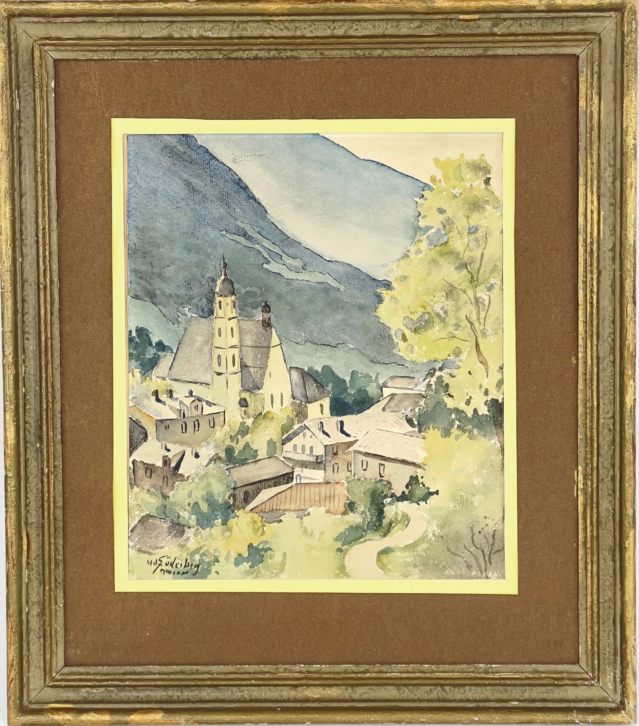 NILS SÖDERBERG. Akvarell, bergslandskap med kyrkby, signerad.