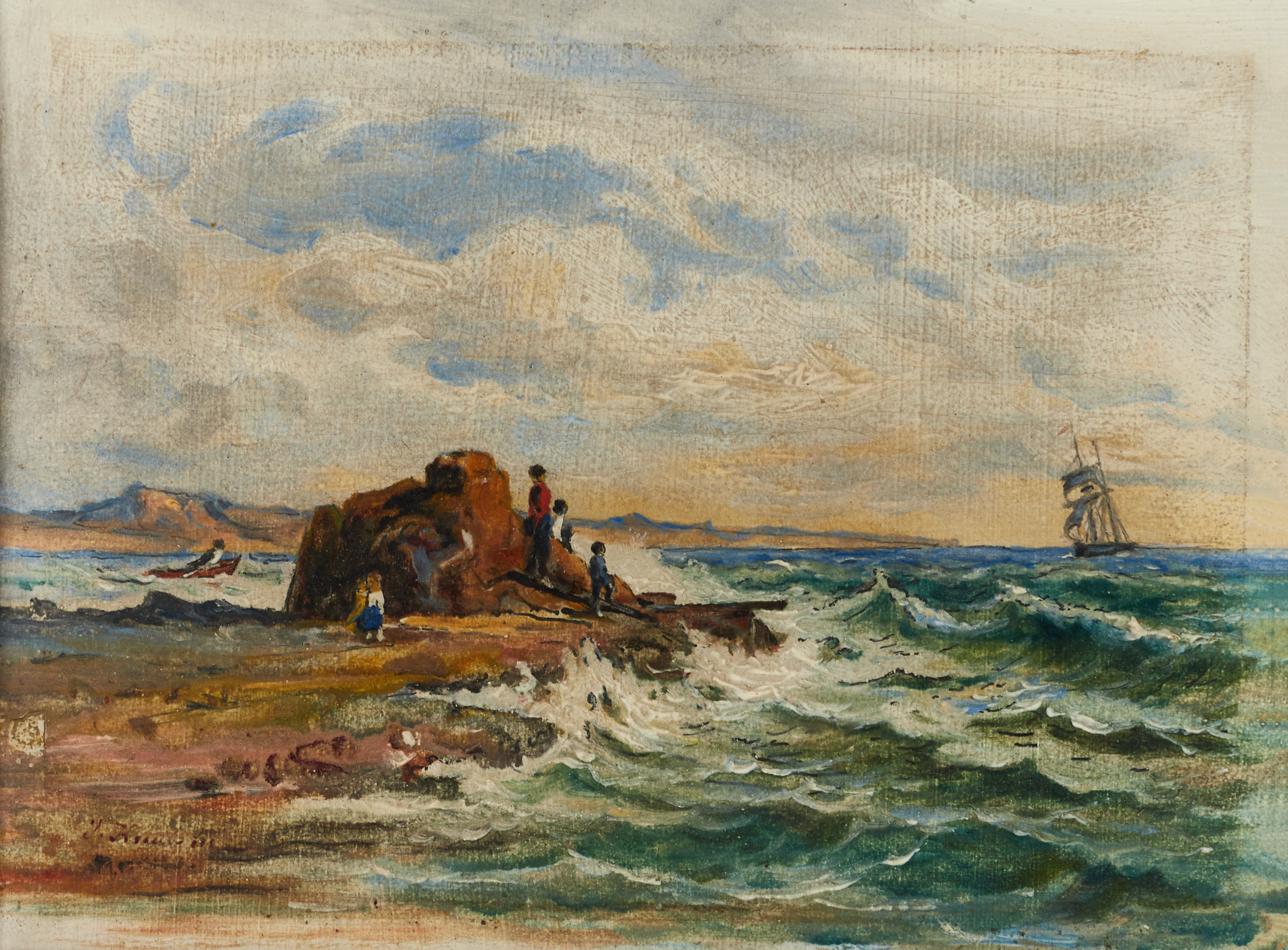 OIDENTIFIERAD KONSTNÄR. Kustvy, olja på pappannå, signerad, 1800-talets slut.