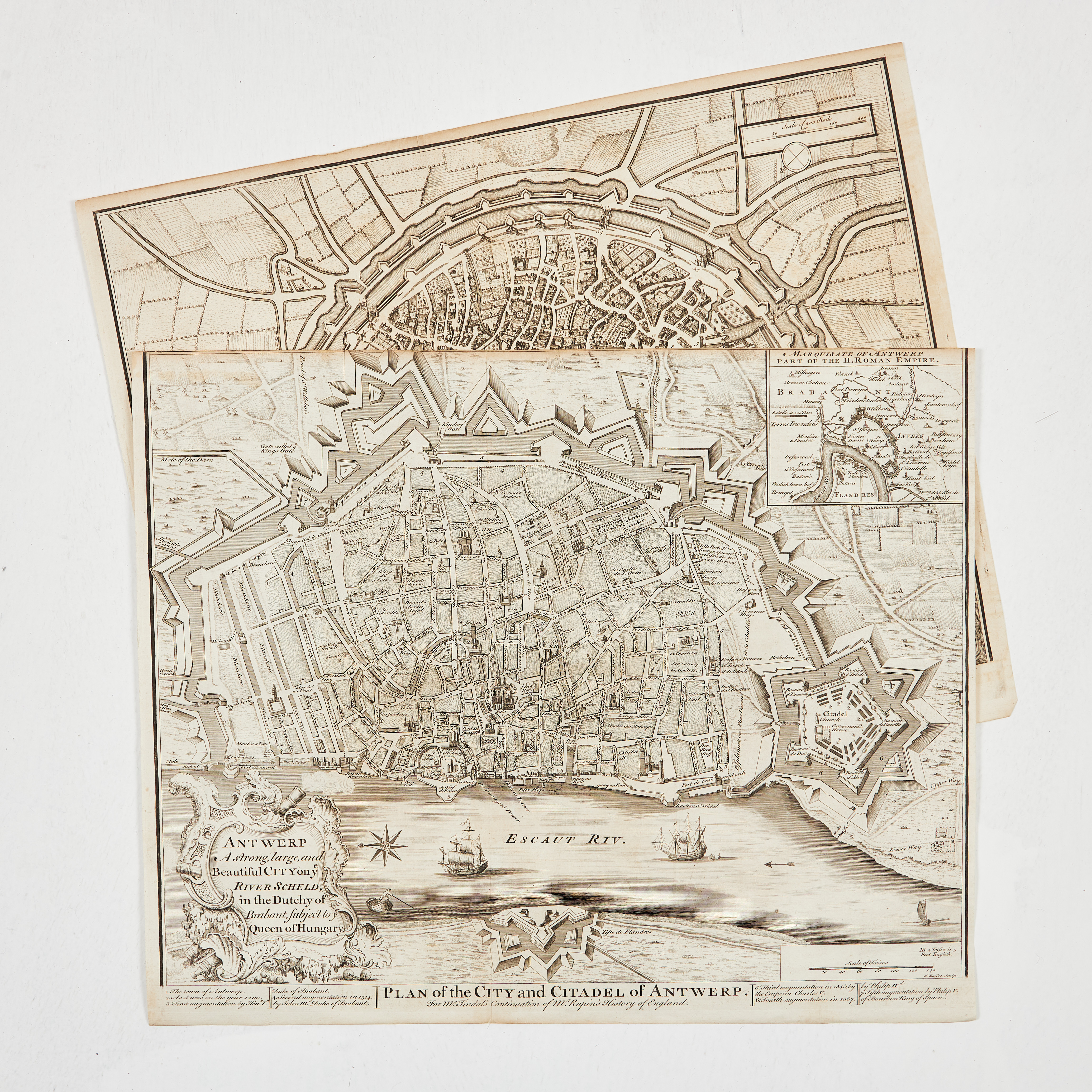 ANTWERPEN OCH BRYGGE, 2 STADSPLANER, CA 1750.