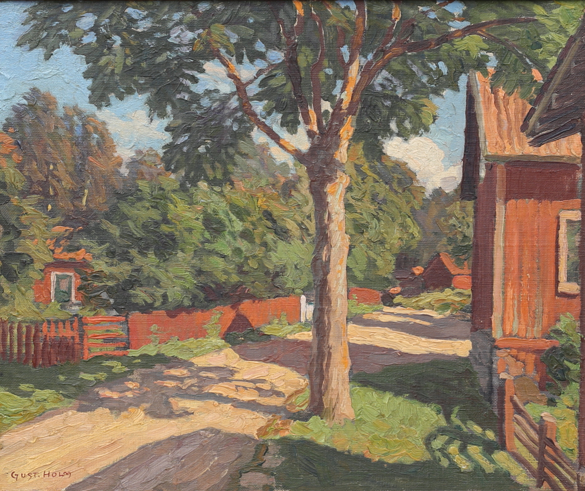 GUSTAV HOLM. Bygata, olja på pannå, signerad Gust. Holm.