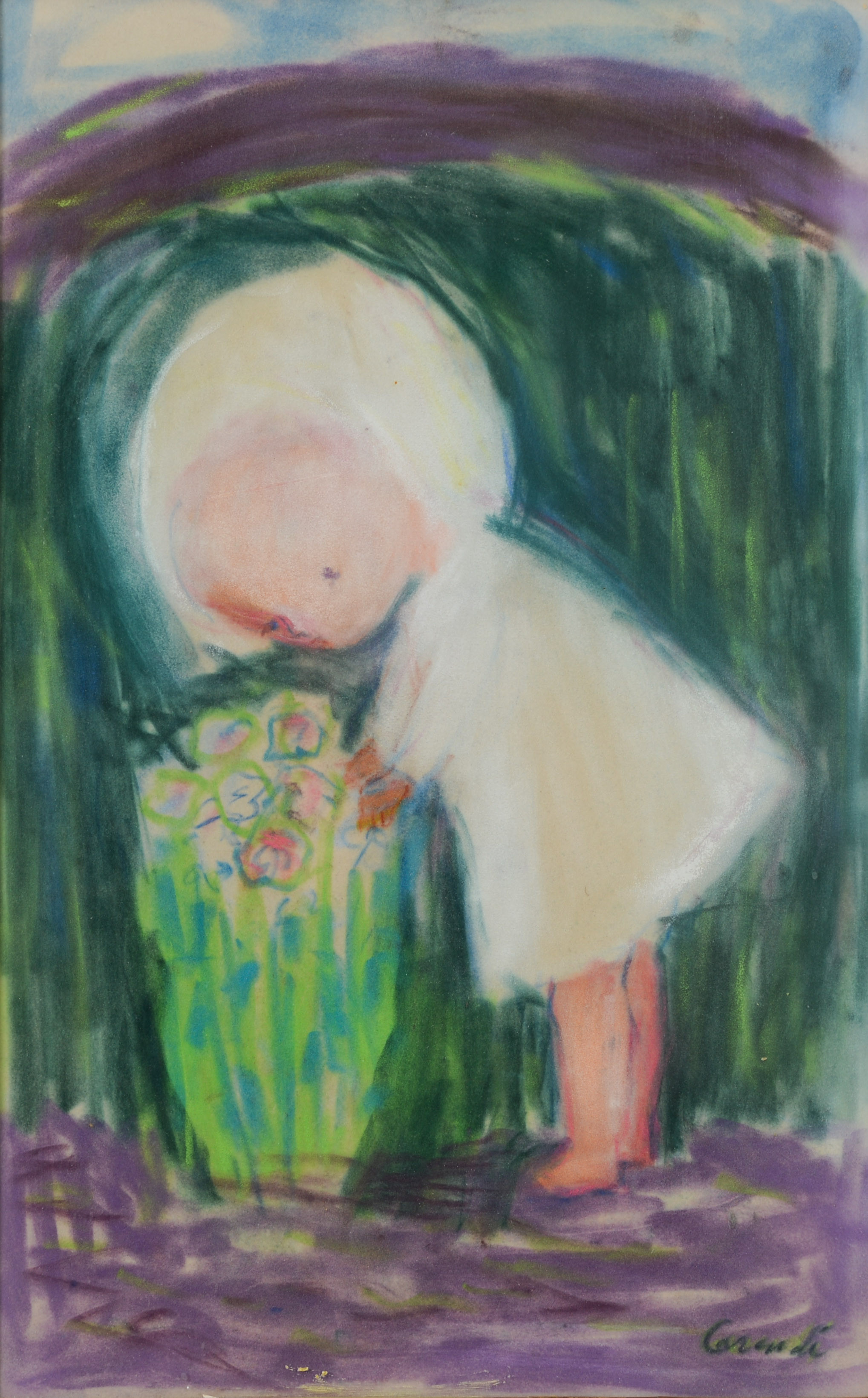 KURT CARENDI. Flicka med blommor, pastell, signerad.