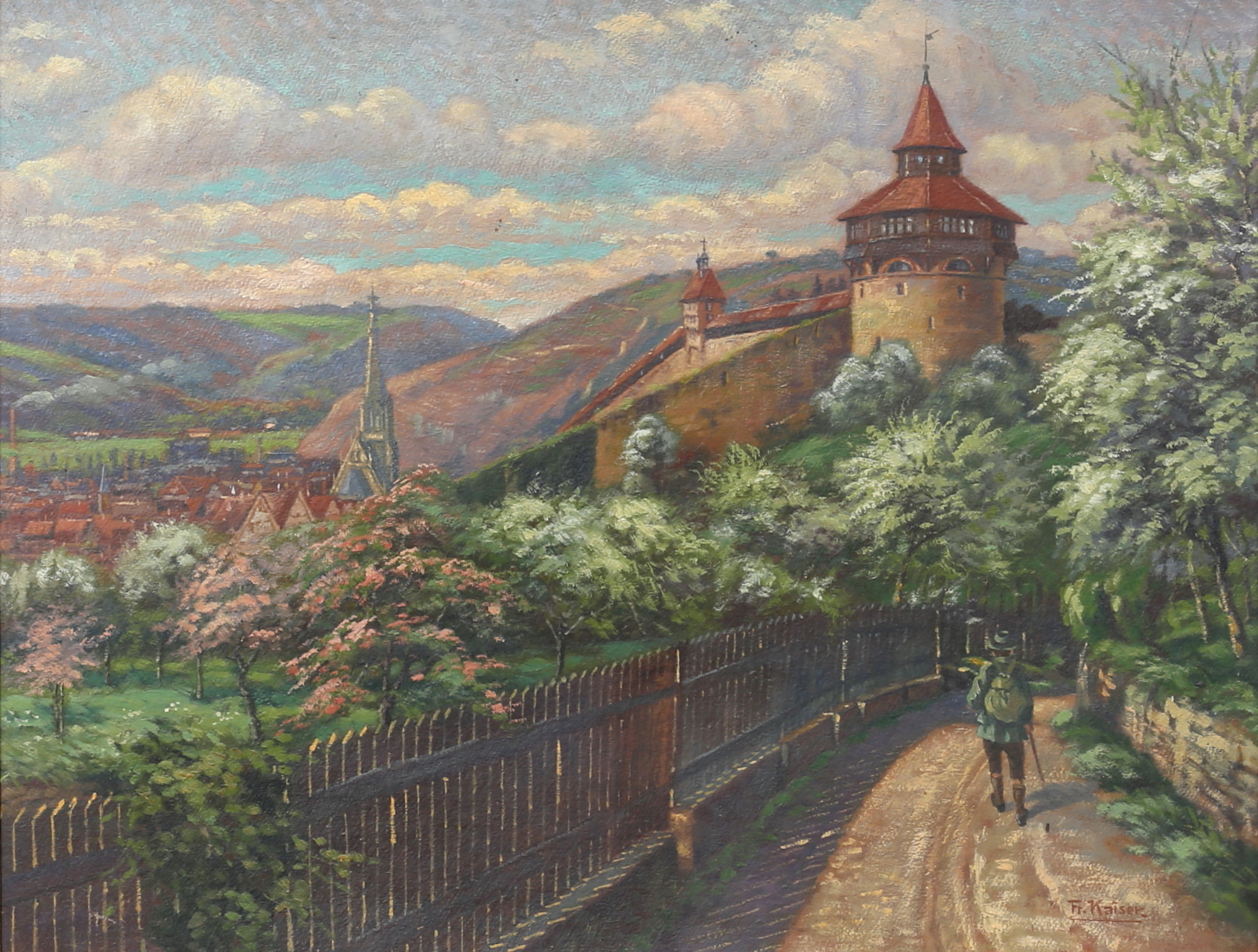 OIDENTIFIERAD KONSTNÄR. Vy över Esslingen. Olja på pappannå, signerad Fr. Kaiser.