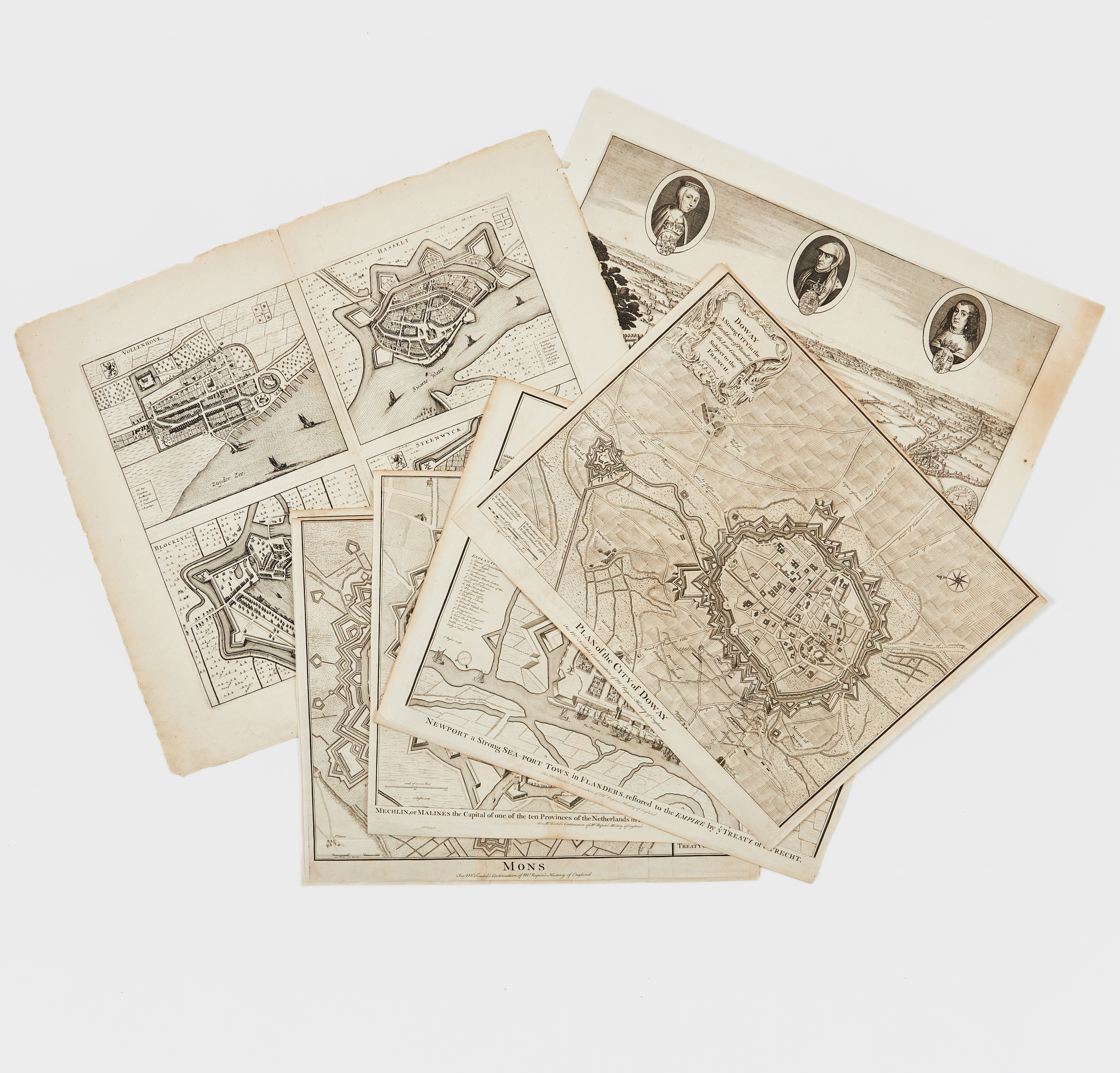 7 BLAD MED STADSPLANER FRÅN FLANDERN, CA 1750.