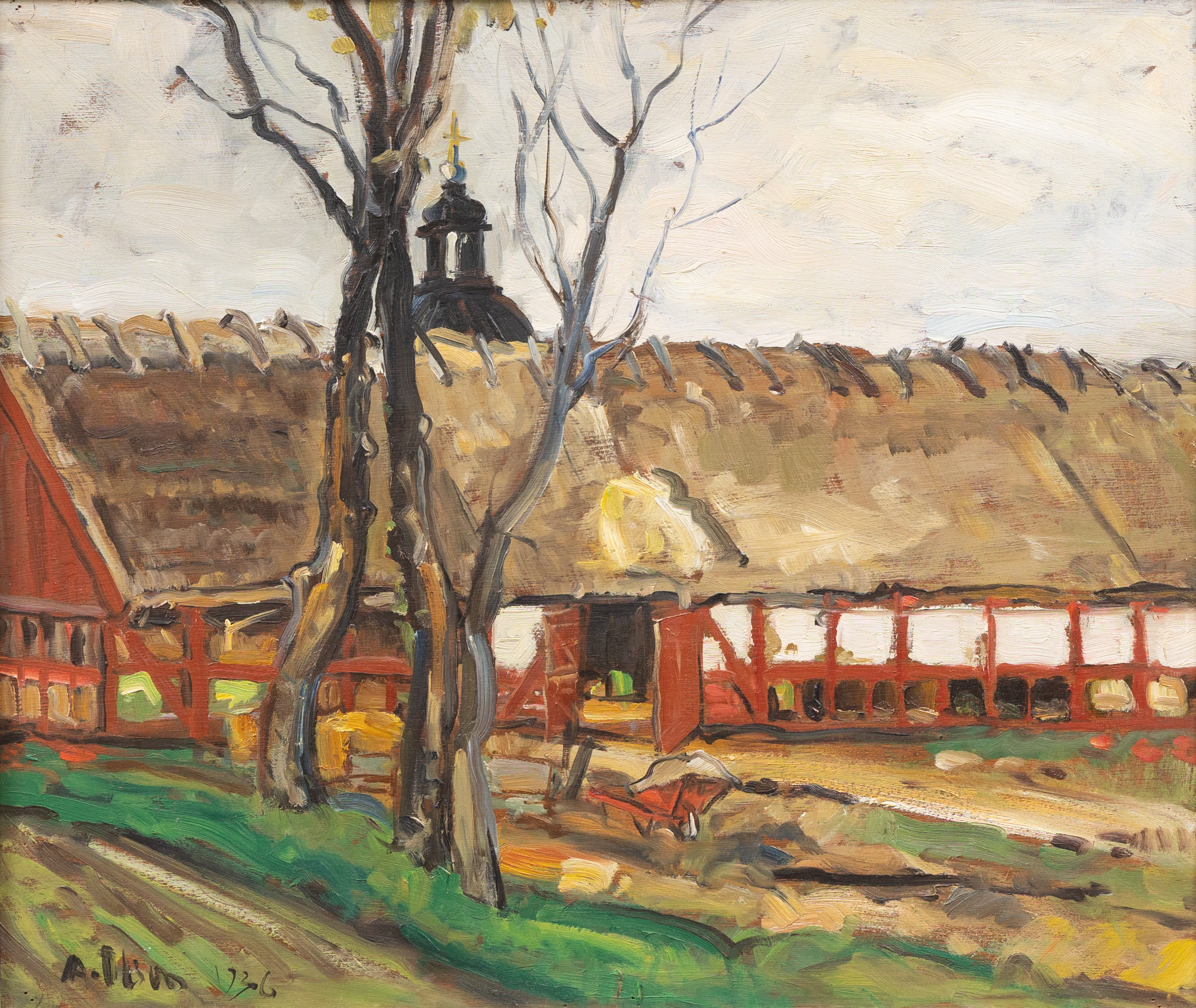 ANDERS OLSON (1880-1955). "Uthuslänga, Norrvidige", olja på pannå, signerad.
