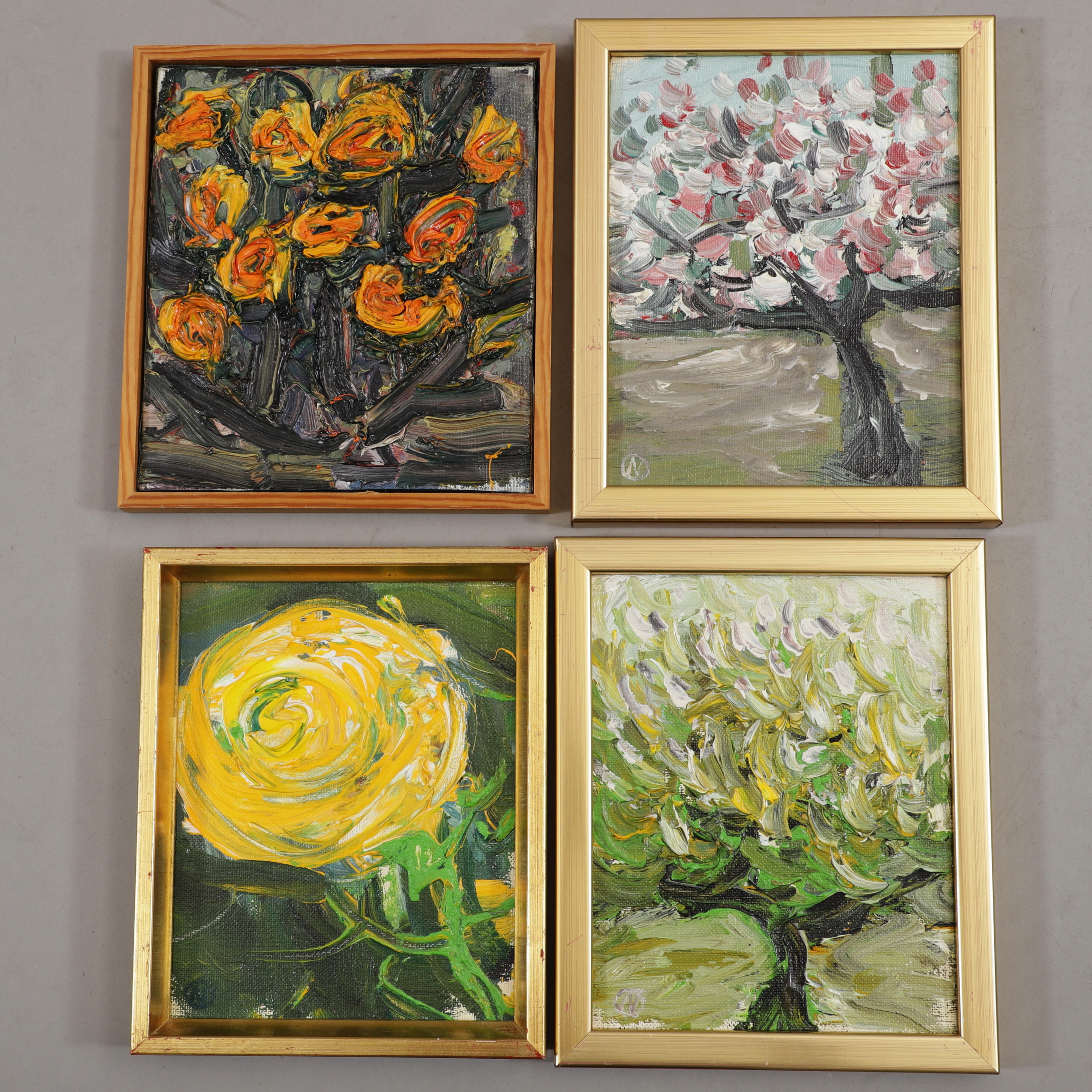 NILS OLSSON. Blomstermotiv, 4 st oljor på duk, signerade.