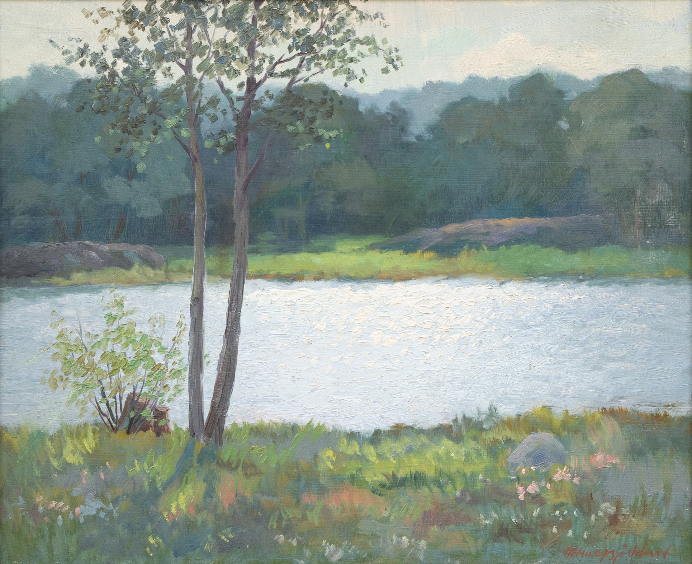 ODDMAR BJÖRKLUND (1907-1997). Insjölandskap, olja pannå, signerad.