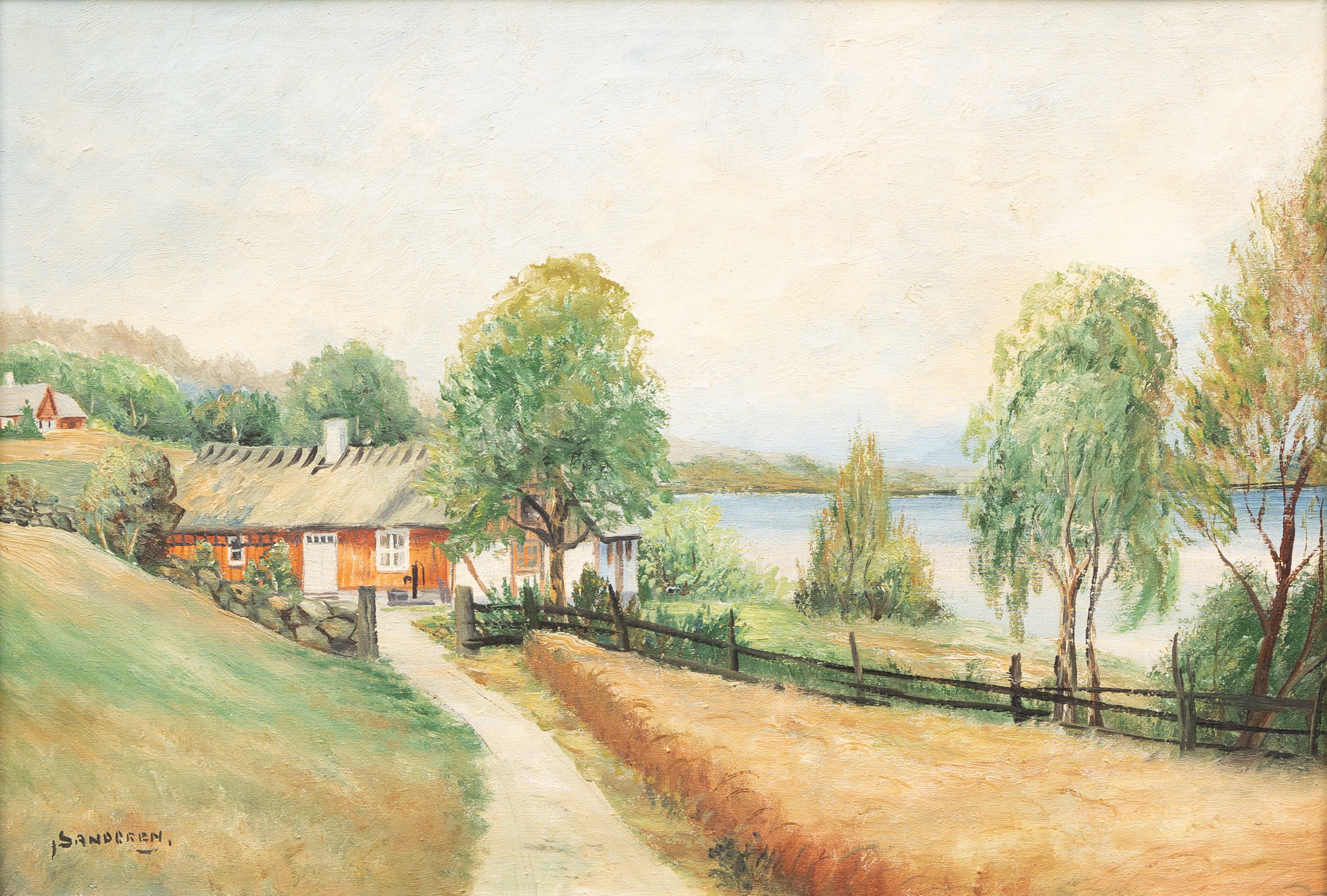 STEN STURE SANDGREN (1894-1964). Insjölandskap med hus, olja på duk, signerad.