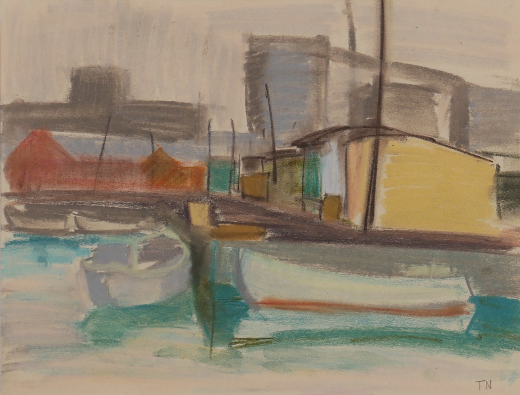 TAGE E. NILSSON (1918–2016). Båtar vid kaj, pastell, signerad TN.