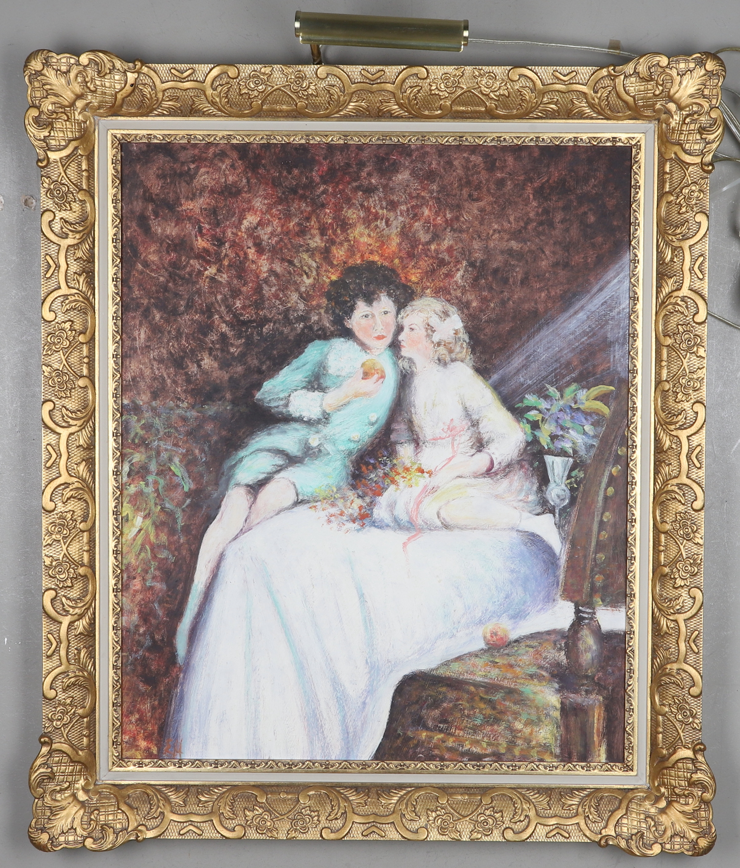 OIDENTIFIERAD KONSTNÄR, olja på pannå, två barn, impressionism, monogramsignerad EH, 1900-tal.