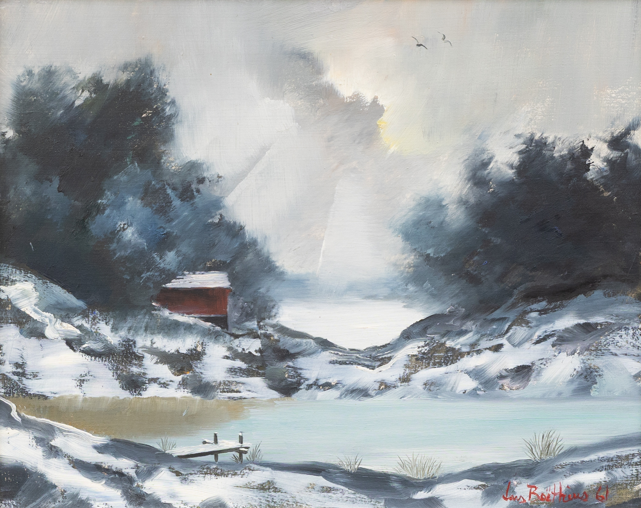 LARS BOËTHIUS. Vintrigt kustlandskap. olja på pannå, signerad.