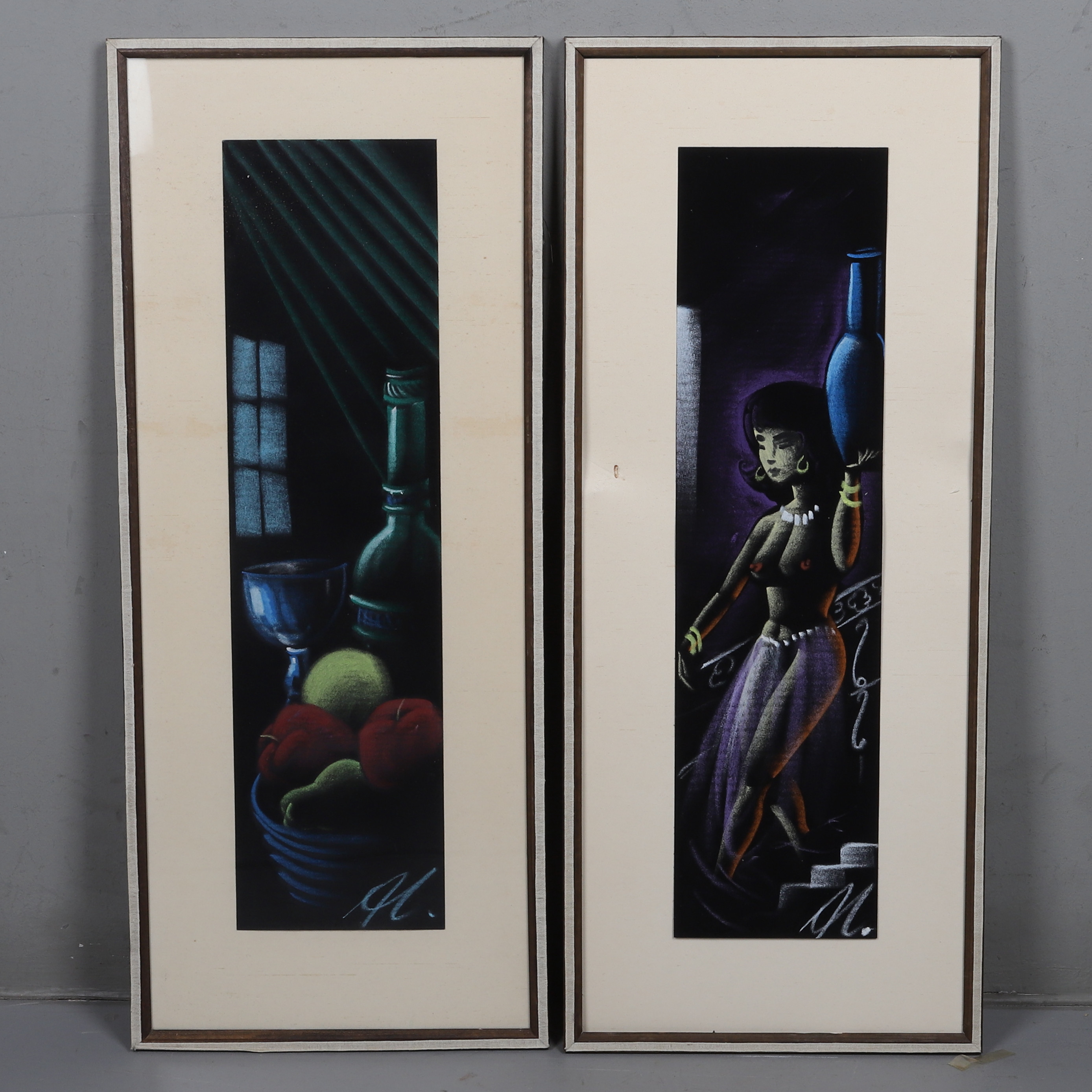 OIDENTIFERAD KONSTNÄR, pastell, 2 st, stilleben samt figuralt motiv, omkring 1900-talets mitt.