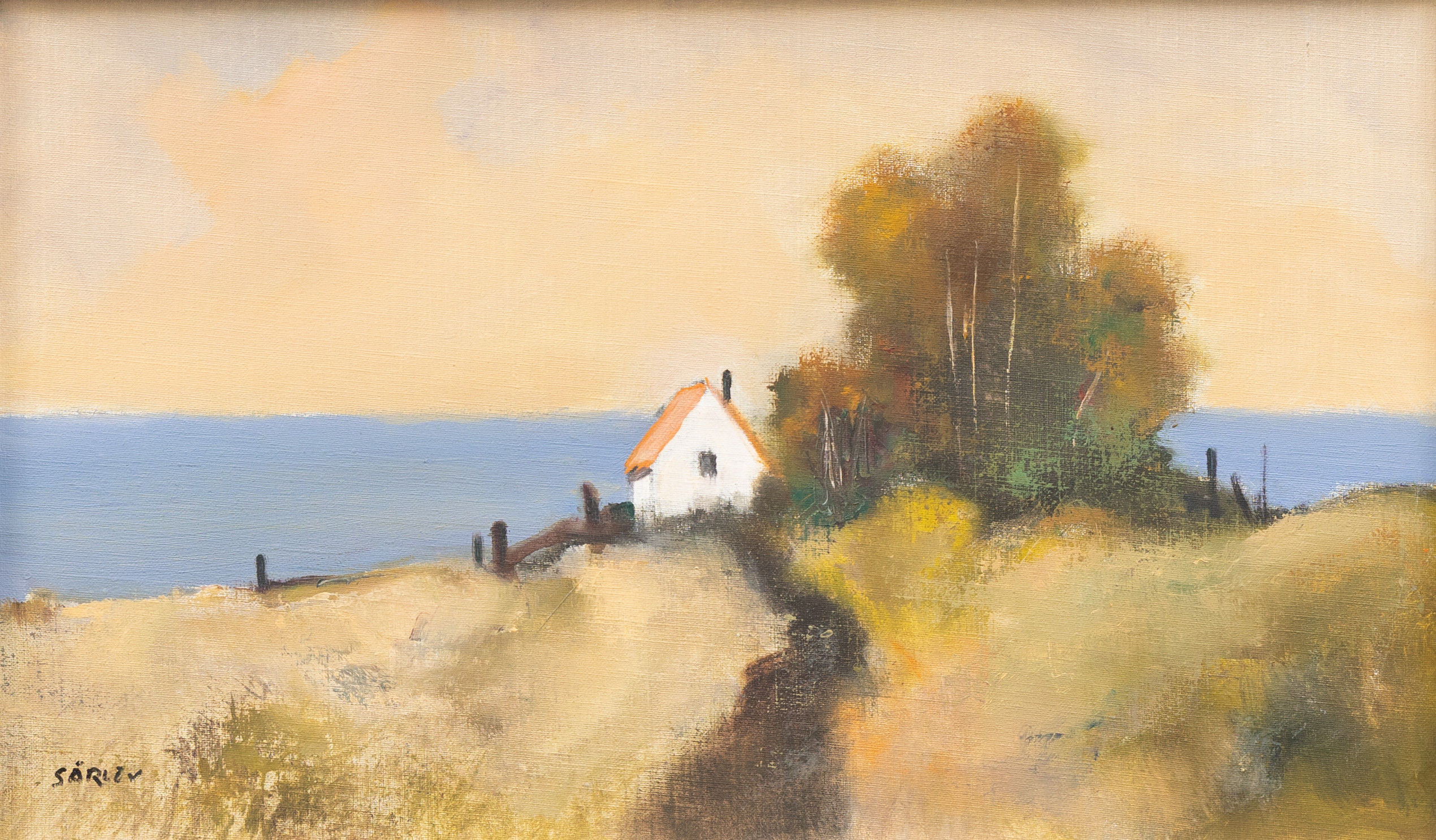 MALTE SÄRLÖV. Kustlandskap med hus, olja på duk, signerad.