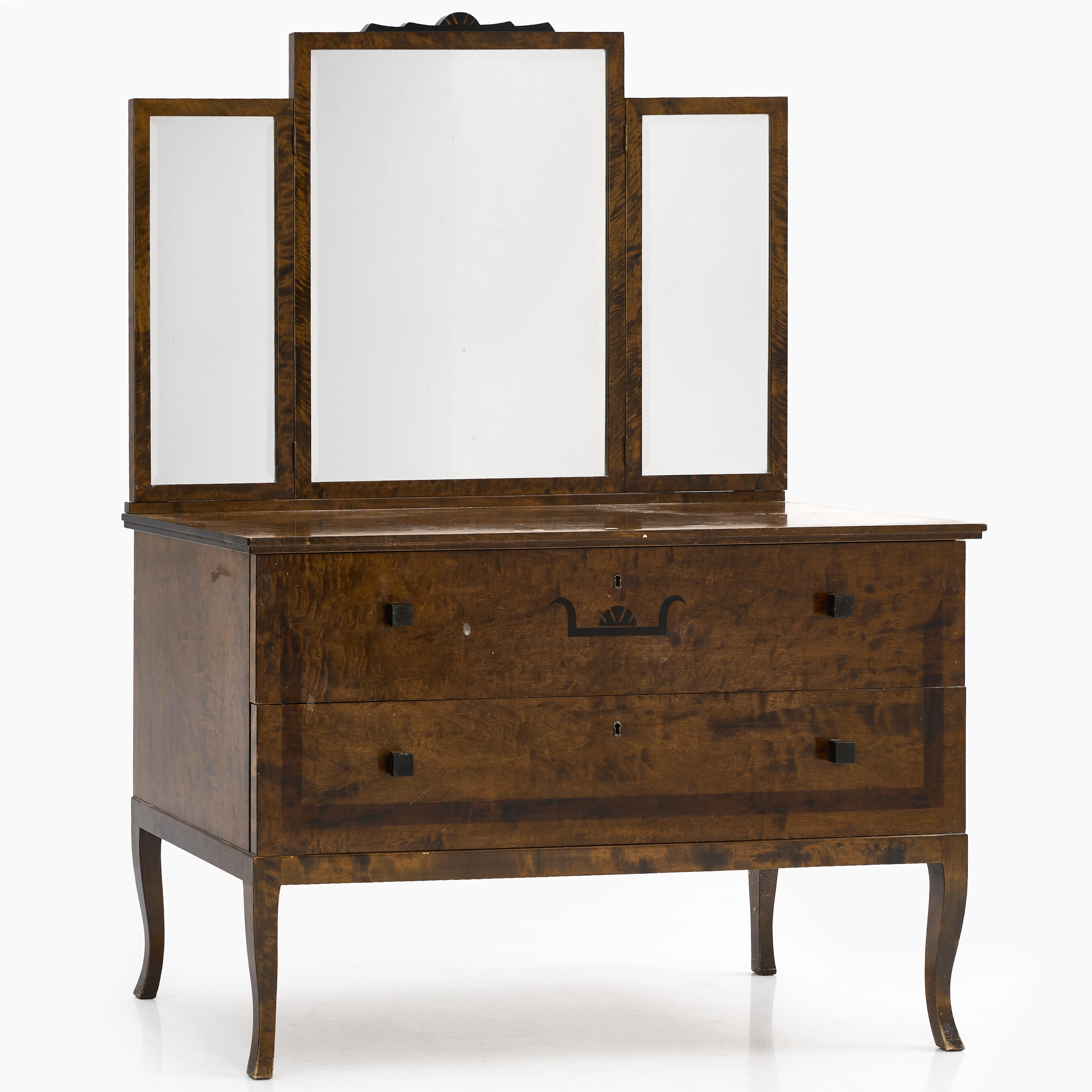 SPEGELBYRÅ, Swedish Grace, 1920/30-tal, bonad björk, två lådor samt tredelad spegel med slipat glas.