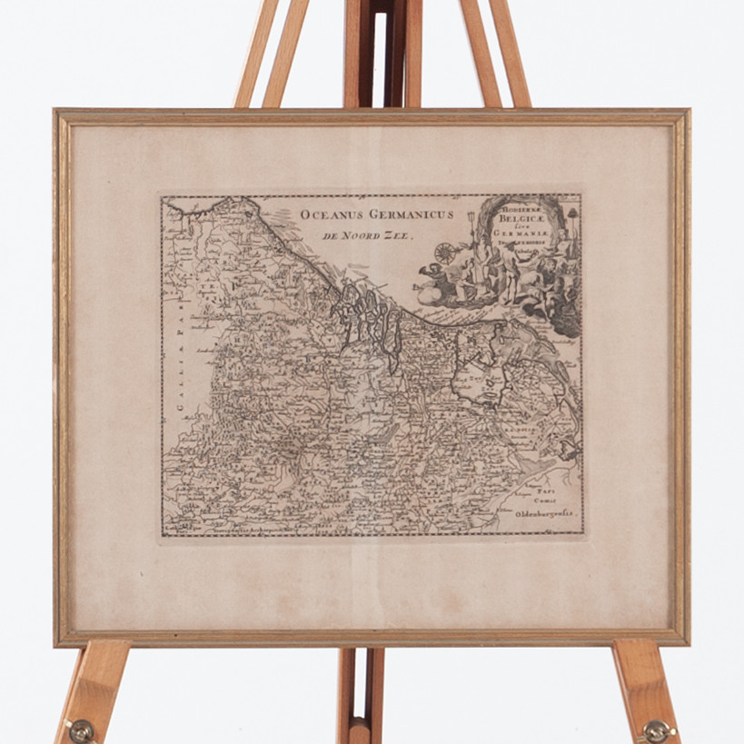 KARTA, kopparstick, 1700-tal. “Hodiernae Belgicae sive Germaniae Inferioris Tabula” – karta över Nederländerna, Belgien och angränsande områden mot Nordsjön.