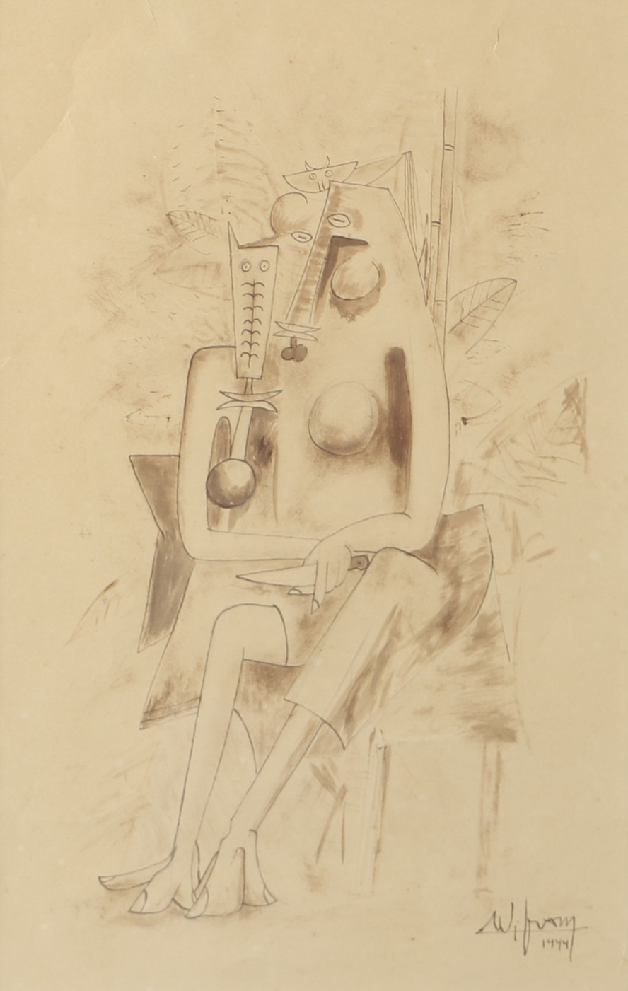 WIFREDO LAM. Sittande figurer, teckning, signerad 1944.