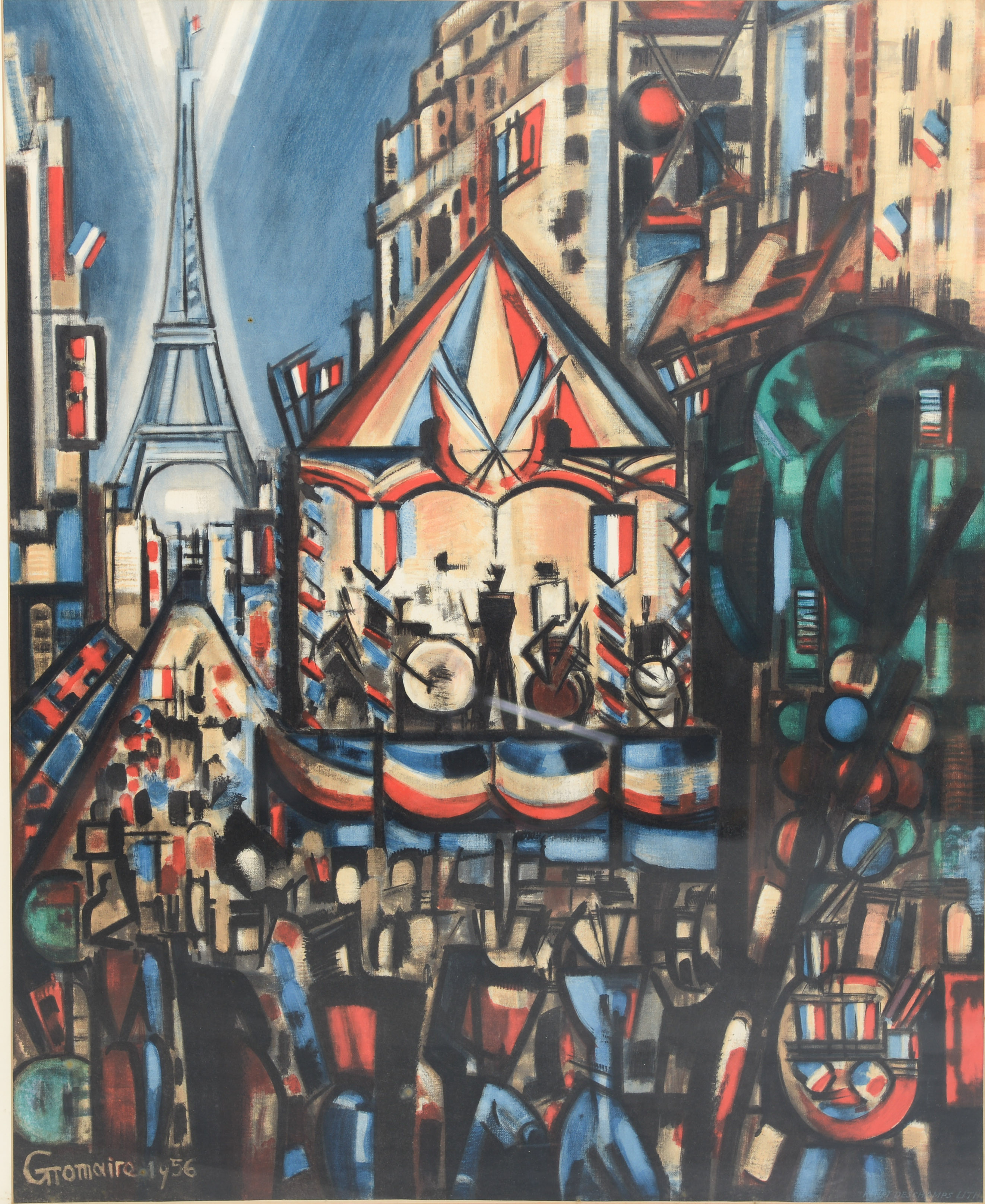 MARCEL GROMAIRE. 14 juli i Paris, grafiskt tryck, signerad, daterad 1956.