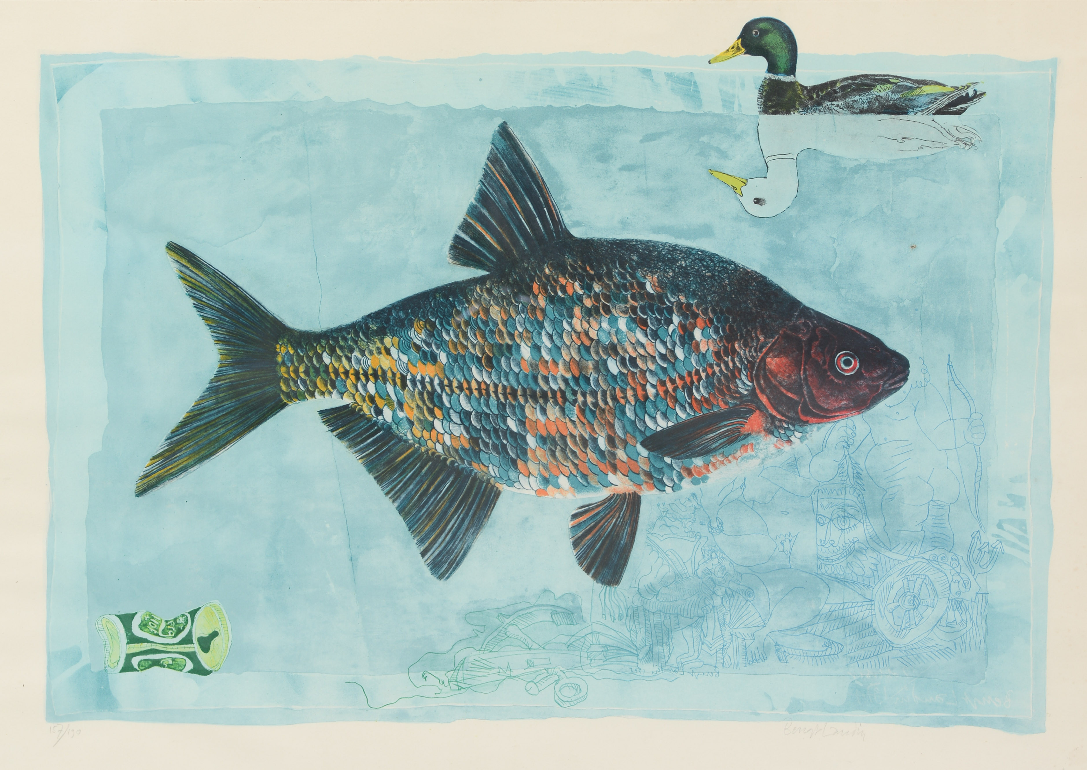 BENGT LANDIN. Komposition med fisk, färglitografi, signerad, numrerad 157/190.
