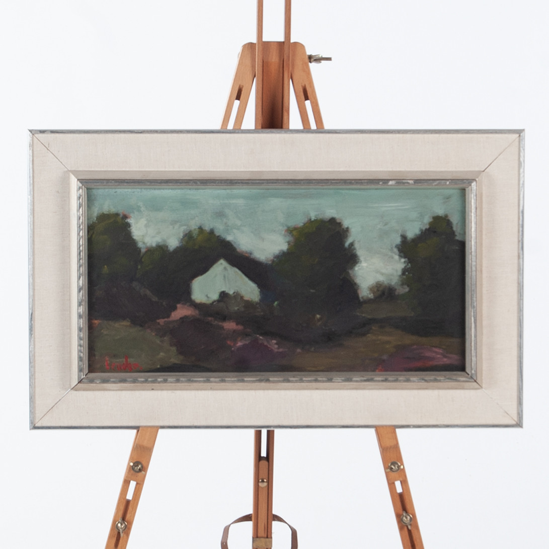 OIDENTIFIERAD KONSTNÄR. Olja på pannå, gård i skymning.