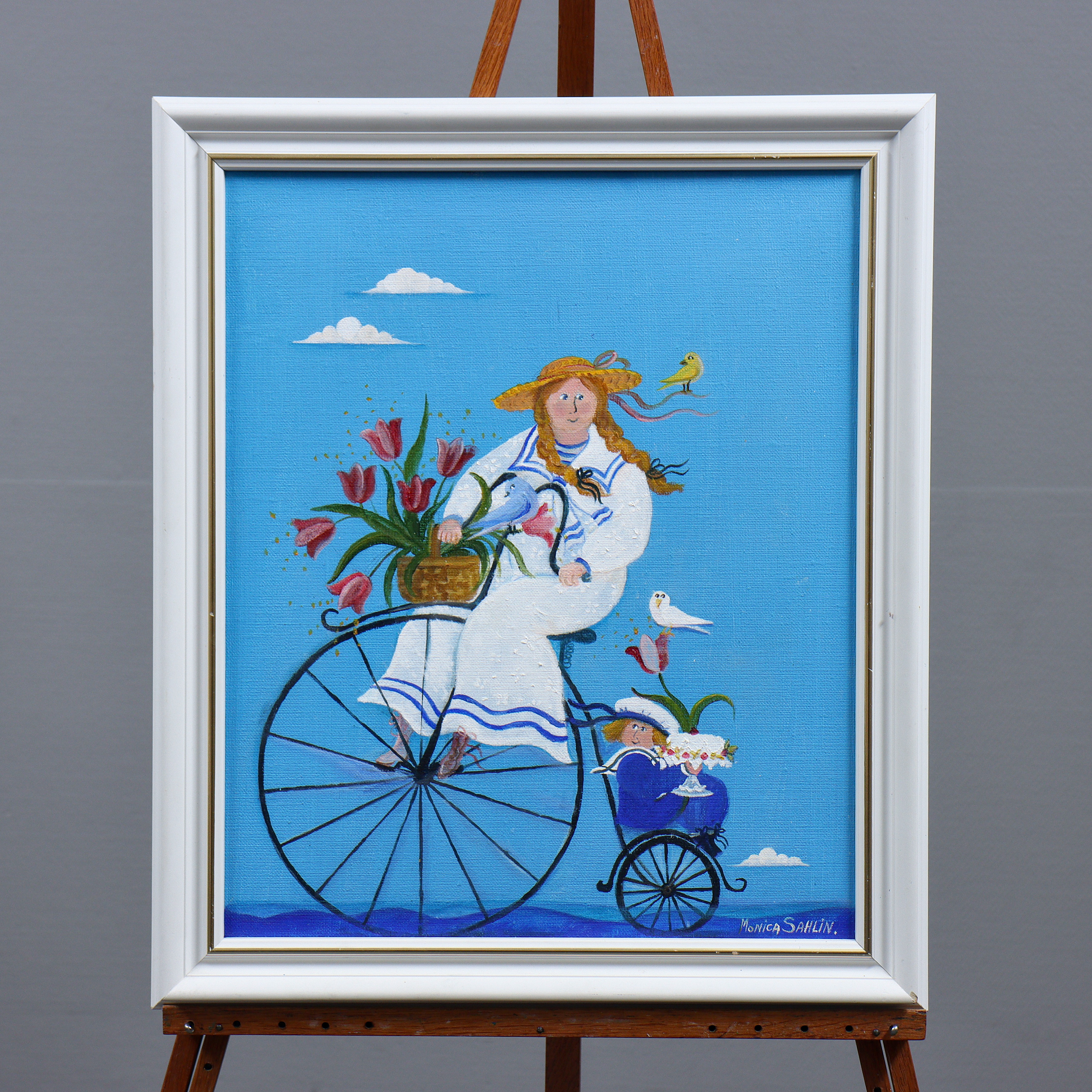 MONICA SAHLIN (1948-2014) "GRUNDSKOLAN SLUT" OLJA PÅ DUK, SIGNERAD (LATORPS GÅRD, VINTROSA).