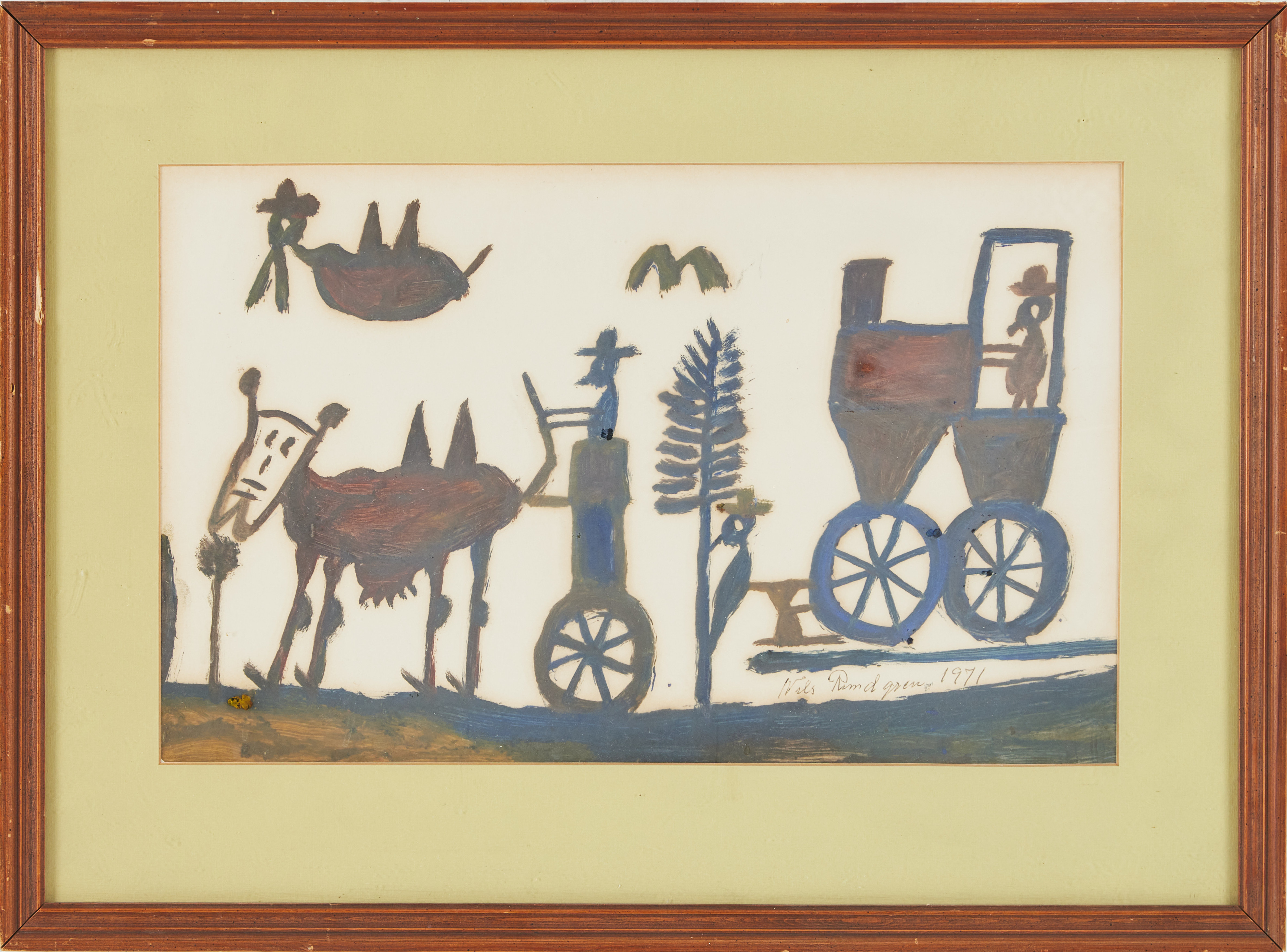 NILS RUNDGREN "BJÖRNJÄGAREN". (1890-1971). Naivistisk komposition, blandteknik på papper, signerad och daterad 1971.