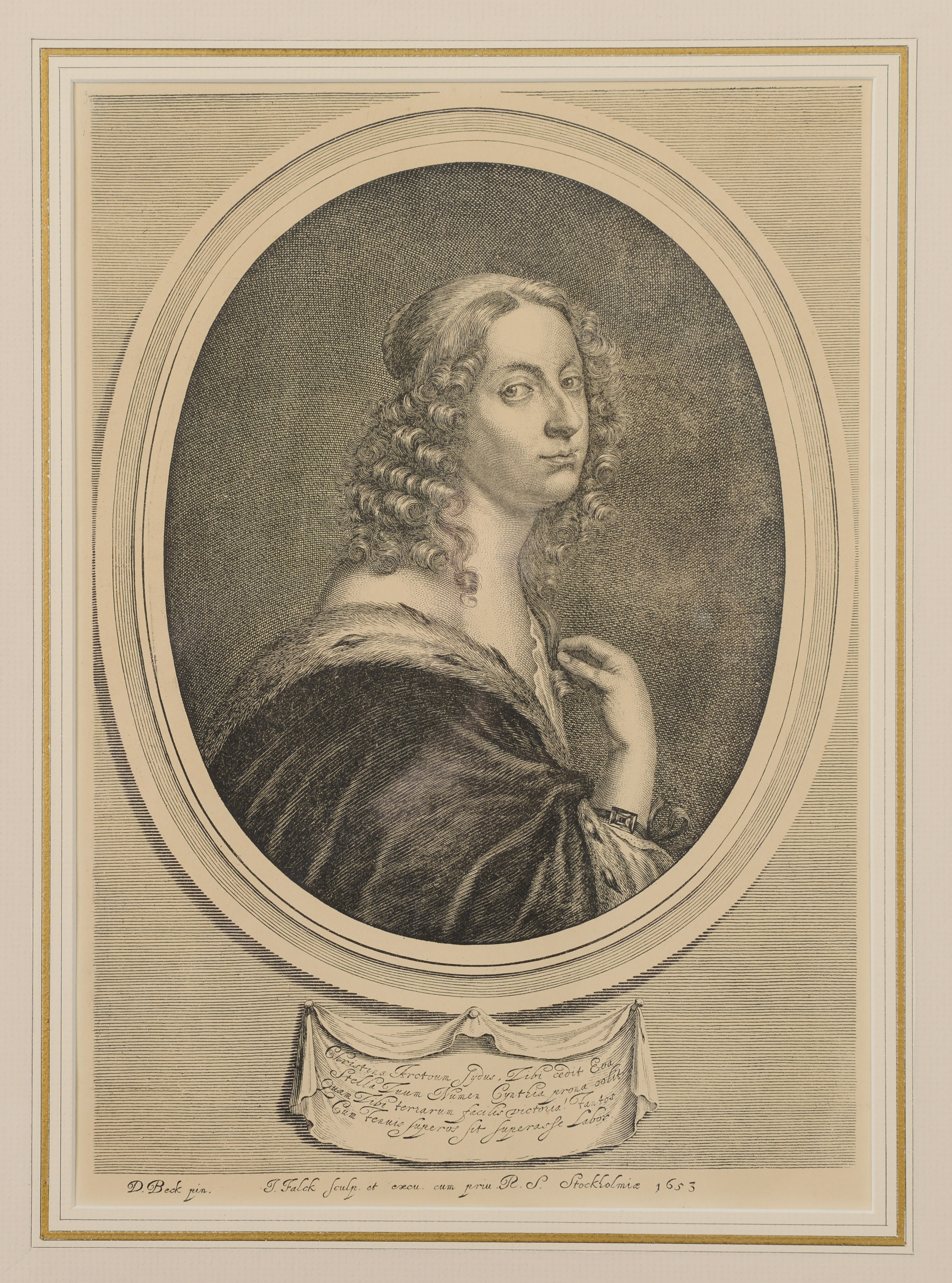 DAVID BECK. EFTER. Drottning Kristina av Sverige, kopparstick, Stockholm, 1653.