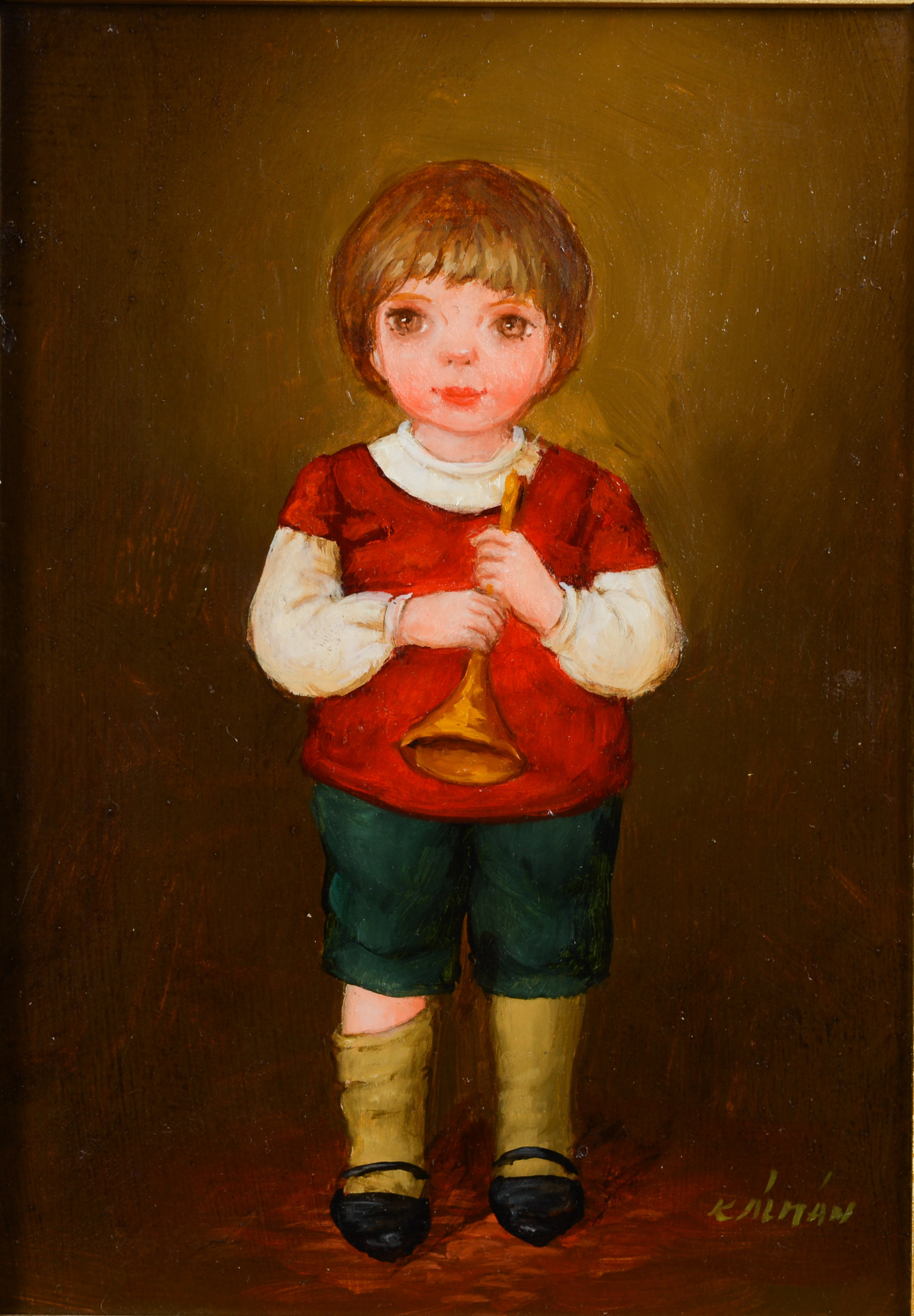 ZSUZANNA KÁLMÁN. Pojke med trumpet, olja på pannå, signerad, 1900-talets andra del.