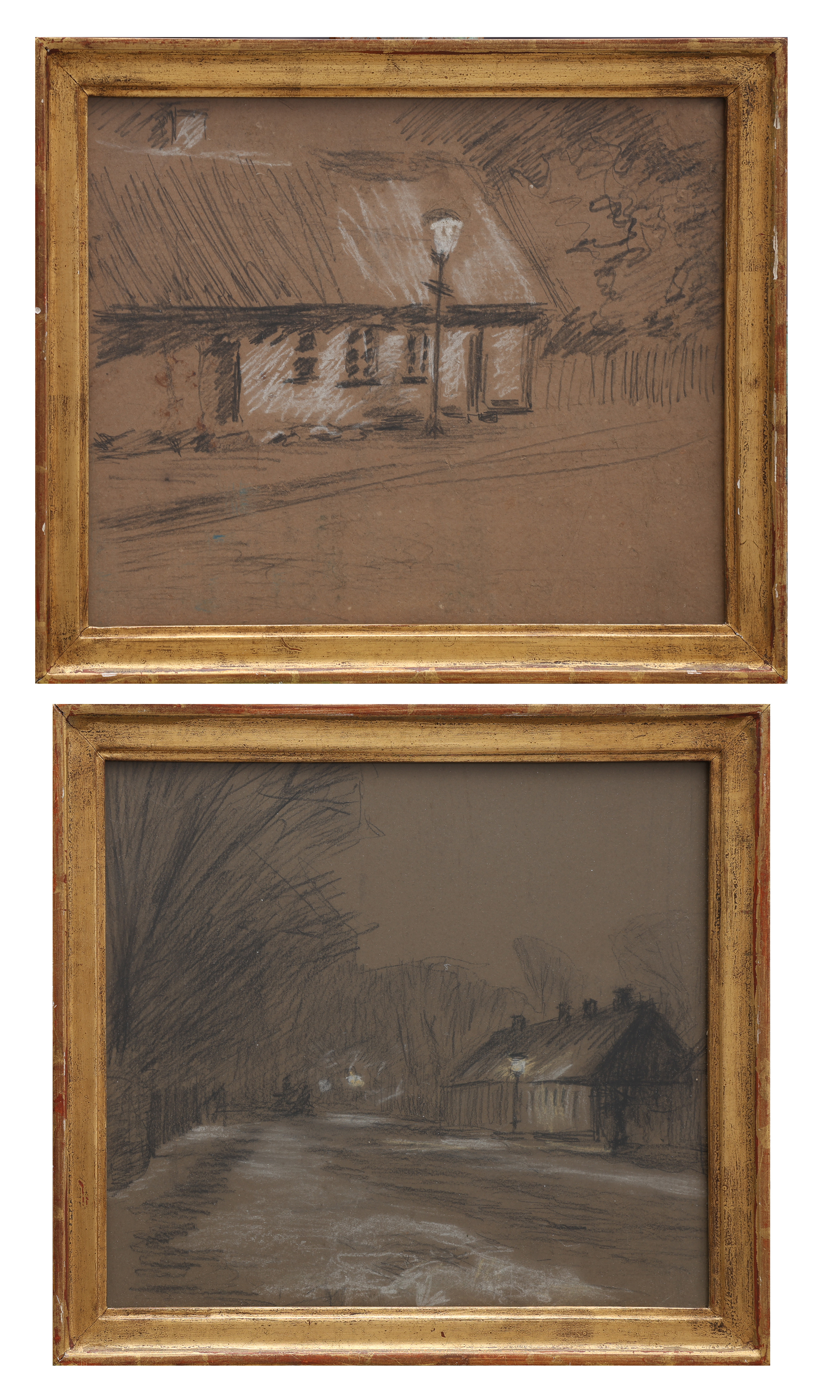 TVÅ TECKNINGAR, KOL OCH KRITA, LUND, MAGNUS STENBOCKSGATAN, O. 1900.