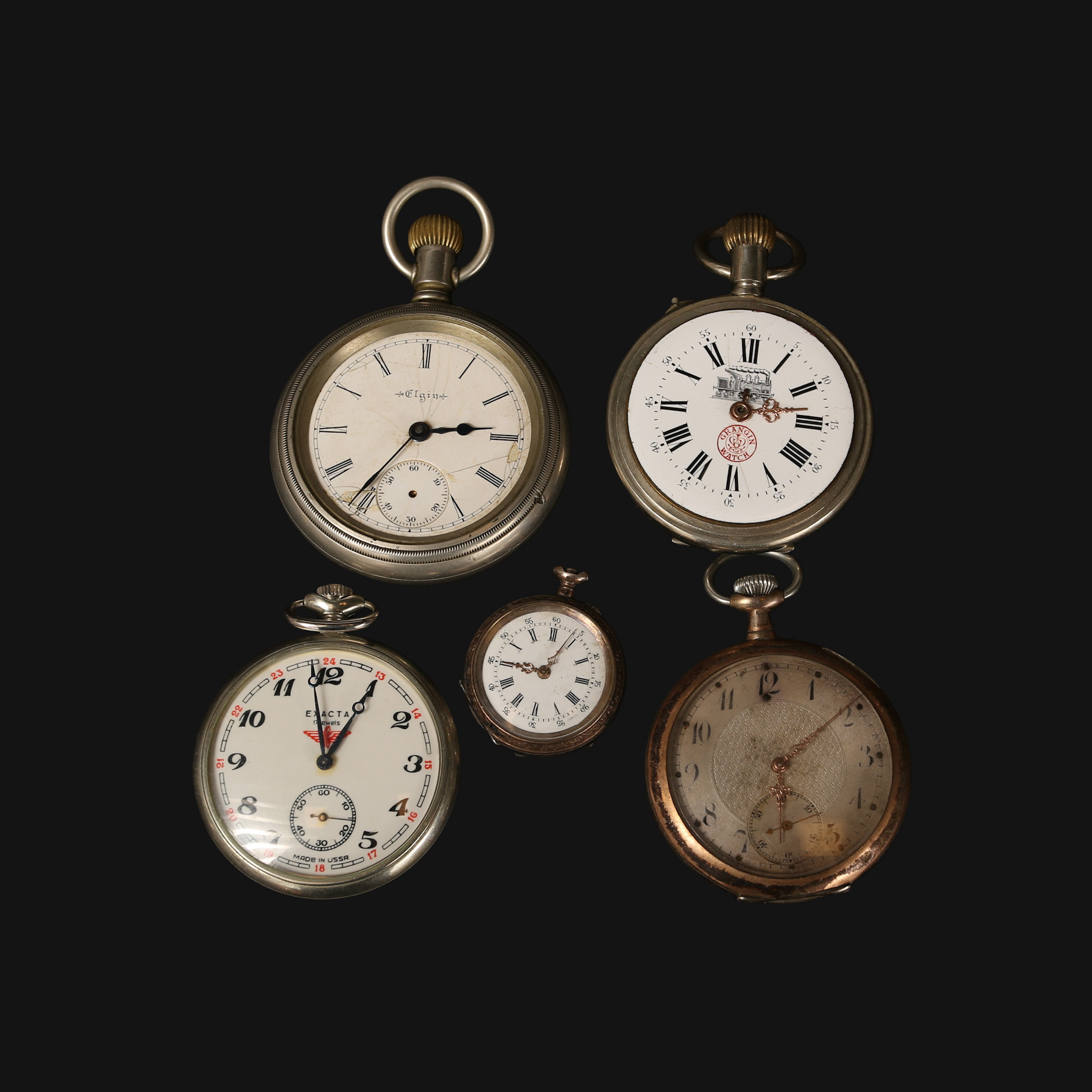 FICKUR, Vitmetall/silver, diverse märken Elgin, Exacta mm, totalt 5 stycken.