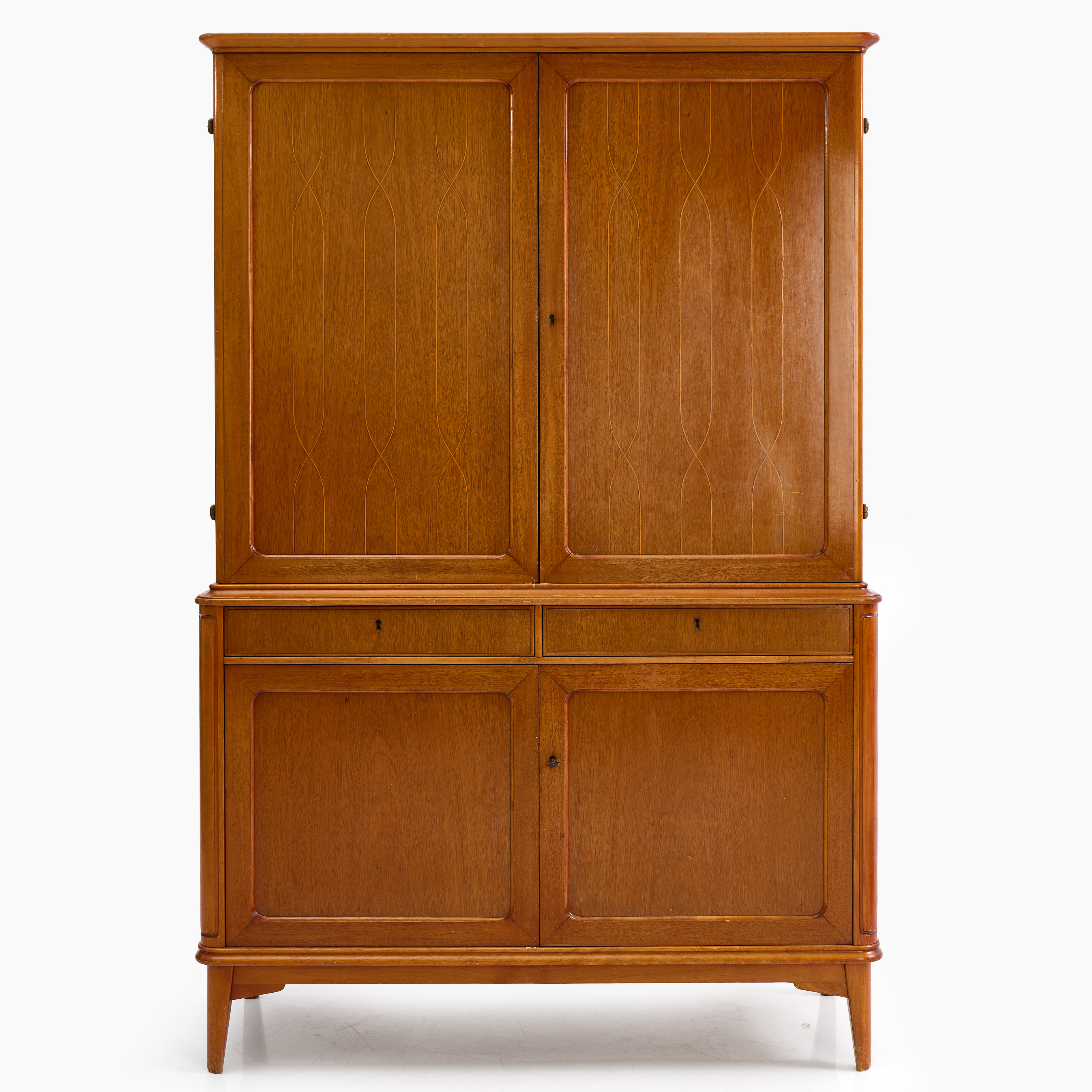 SKÅP, mahognyfanér, hyllinredning, dörrpar med intarsiadekr, Sverige, 1900-talets mitt.